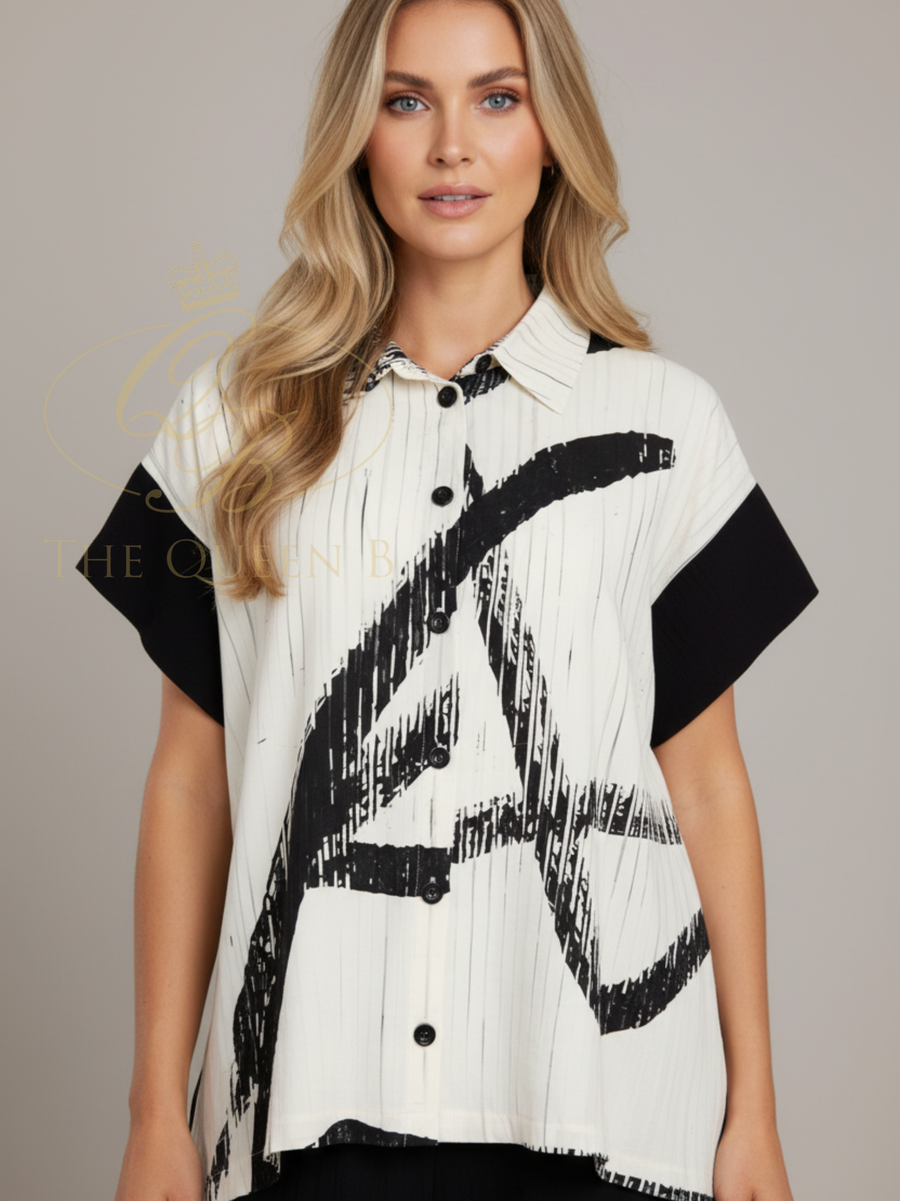 Naya NAS26 318 brush stroke print blouse with relaxed fit and contemporary silhouette.