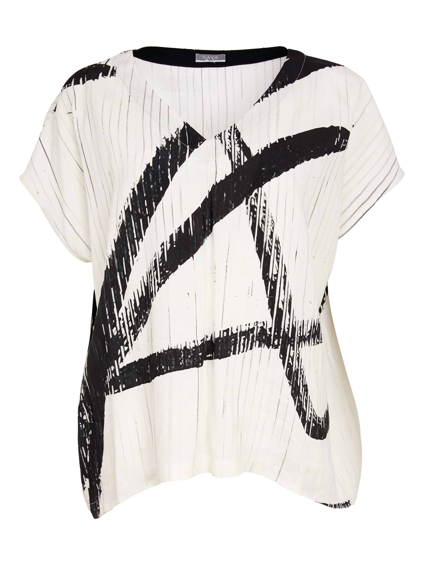 Naya NAS26 319 brush stroke V-neck top with relaxed fit and contemporary silhouette.