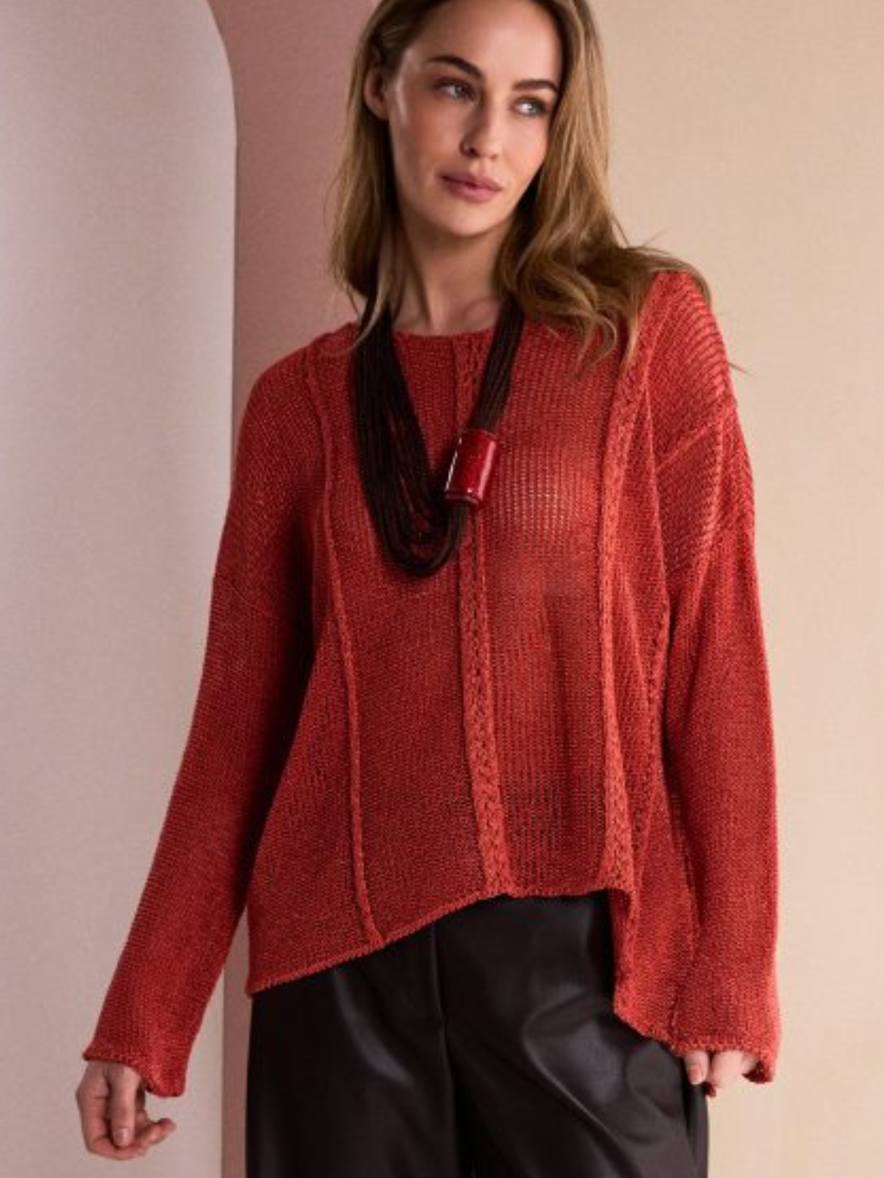 Naya NAW26 120 Round Neck Knit with long sleeves, textured front detail and relaxed hip-length fit
