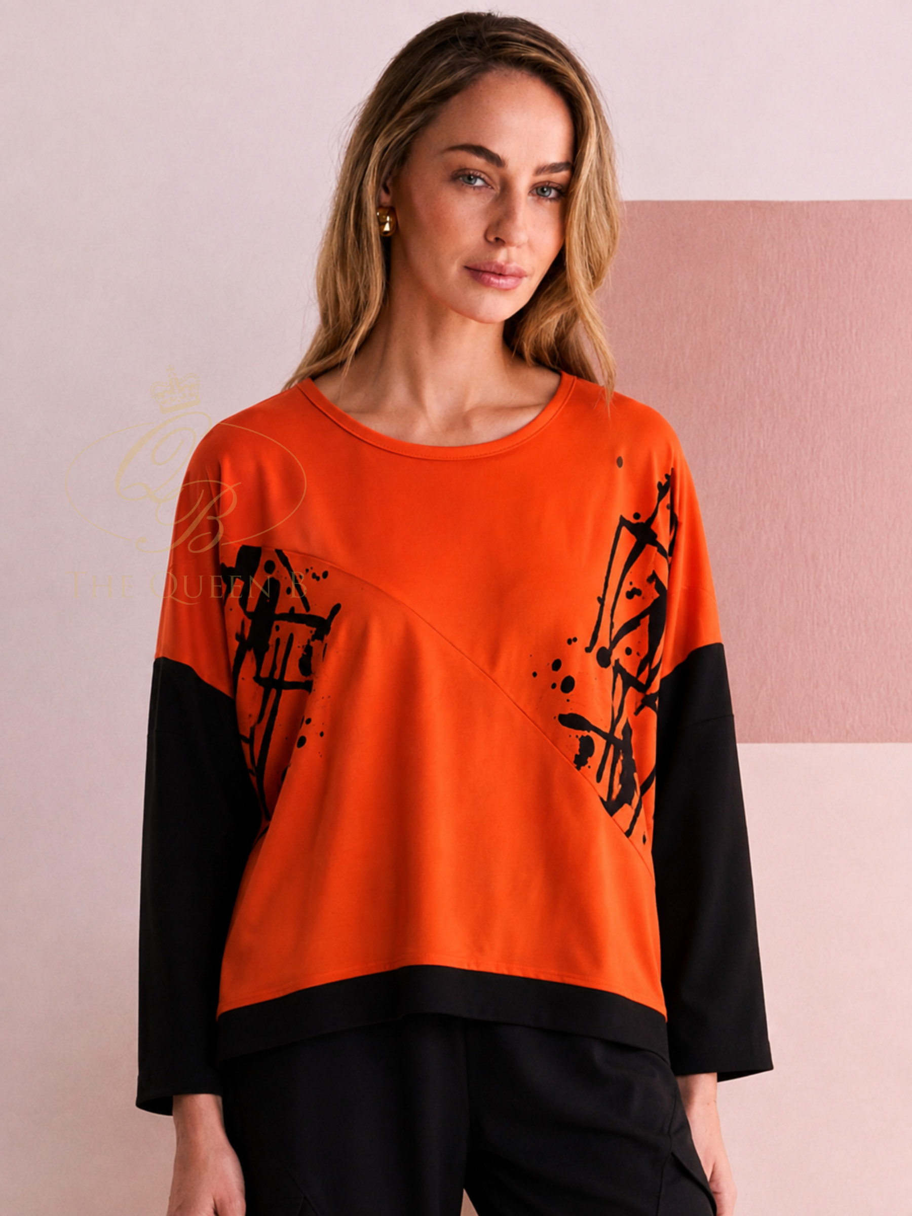 Naya NAW26 140 Placement Print Top with round neckline, contrast sleeves and graphic placement print