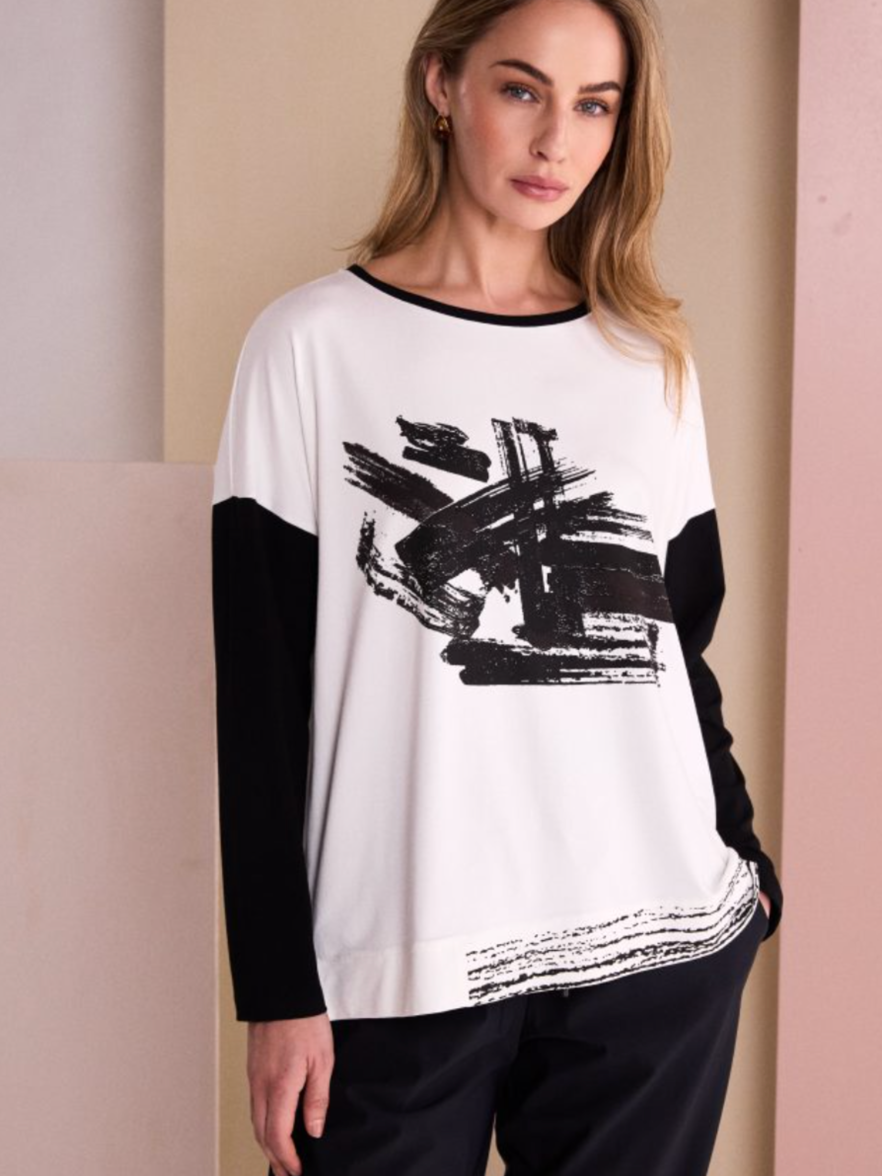 Naya NAW26 147 Round Neck Placement Print Top with contrast sleeves, round neckline and graphic placement print