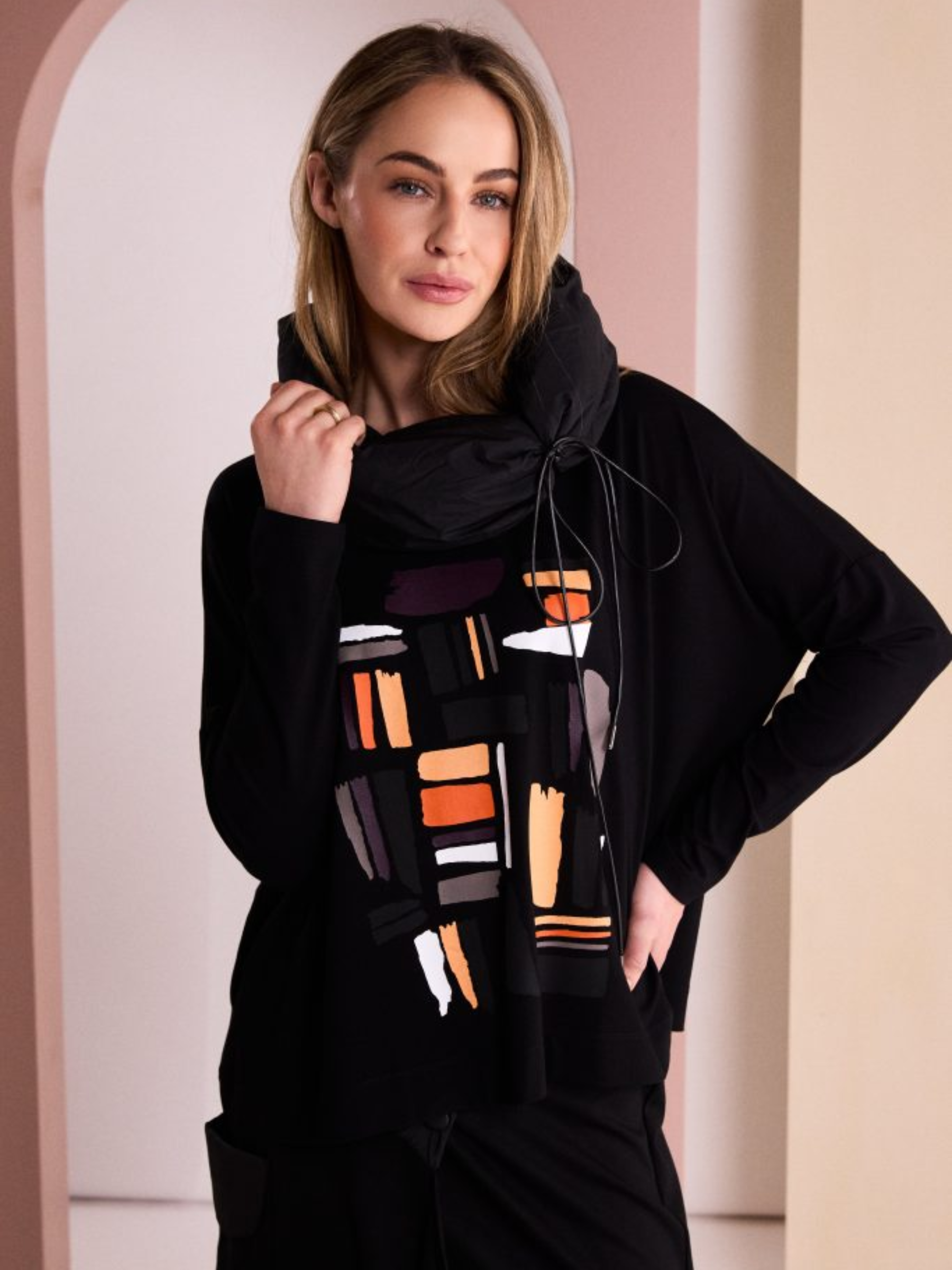 Naya NAW26 148 Placement Print Colour Block Top with round neckline, long sleeves and abstract front design