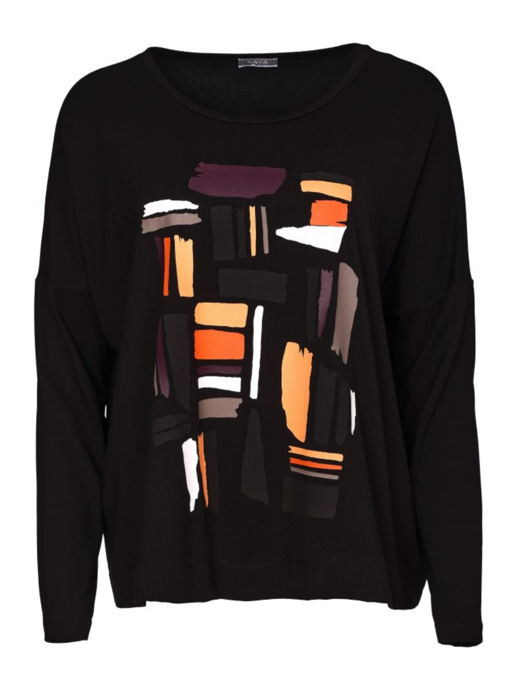 Naya NAW26 148 Placement Print Colour Block Top with round neckline, long sleeves and abstract front design