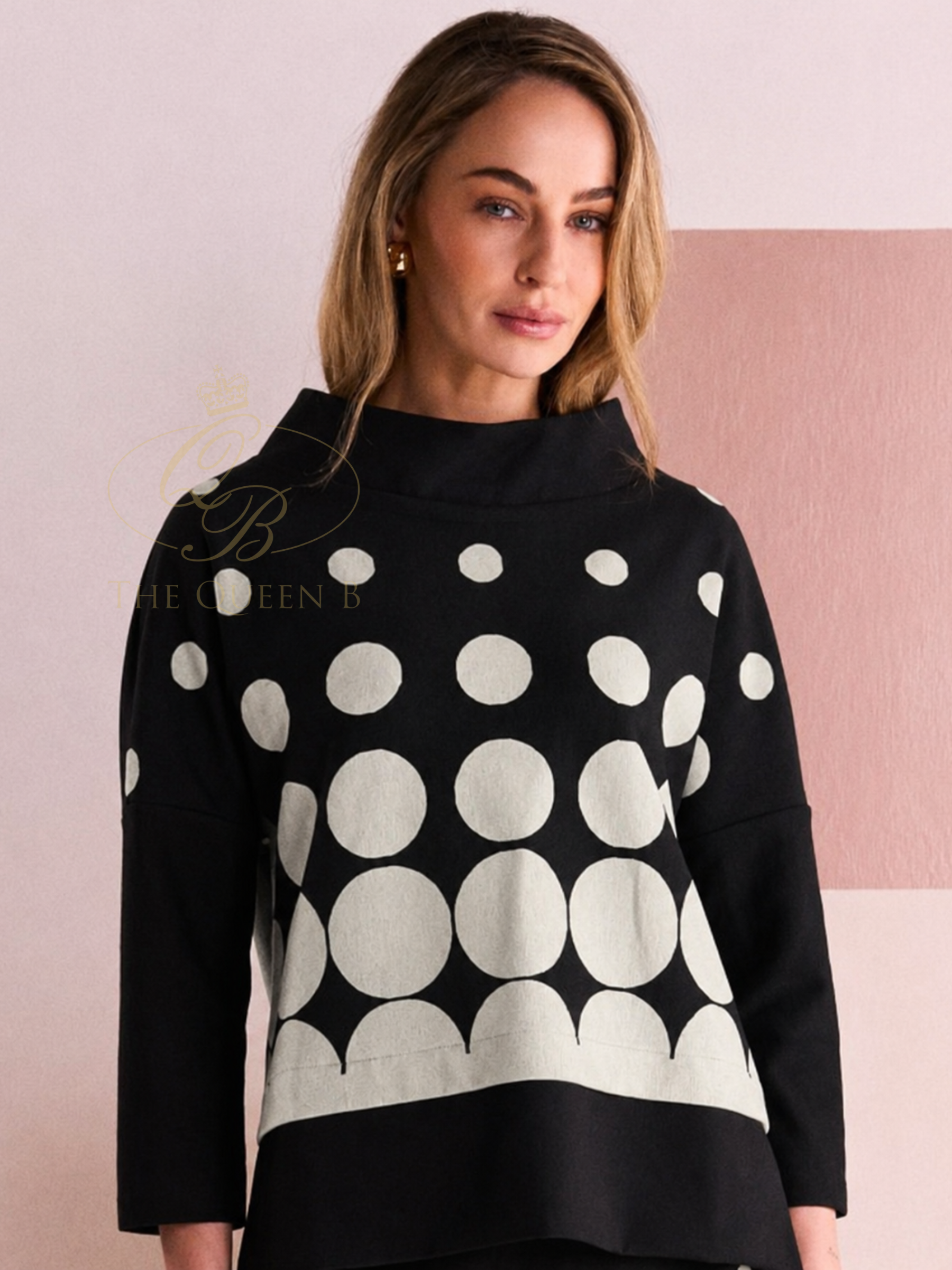 Naya NAW26 265 Spot Border Print High Neck Top with oversized spot border print, high neckline and relaxed fit
