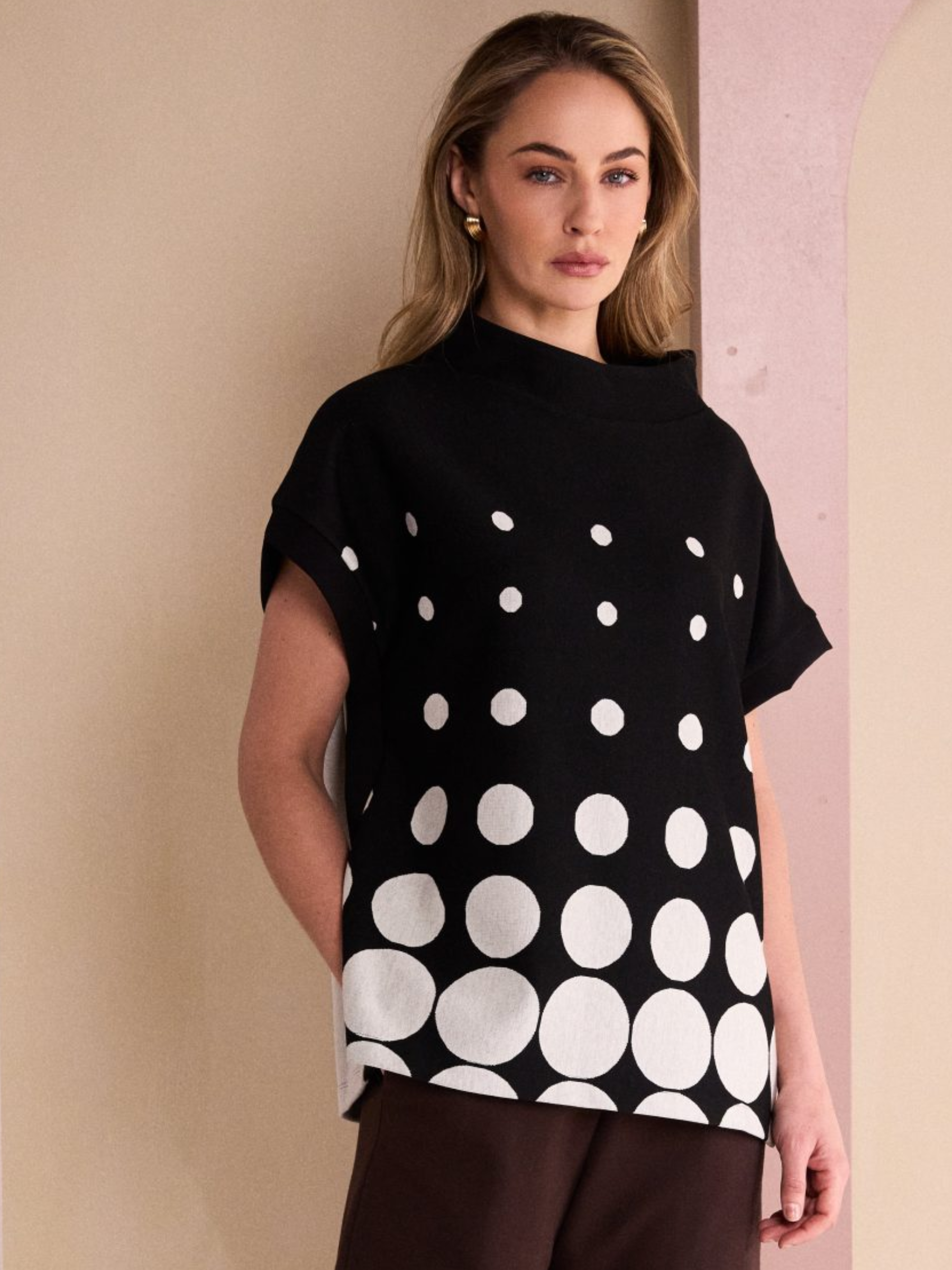 Naya NAW26 270 Spot Border Print High Neck Top with relaxed fit, soft high neckline, cap sleeves and statement spot border print