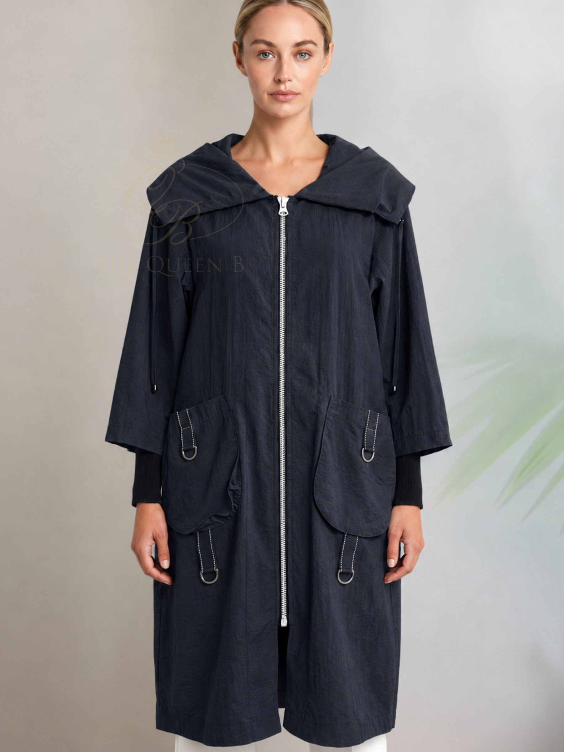 Naya NPA26 170 Hooded Coat with zip front, oversized hood, longline shape and statement pockets