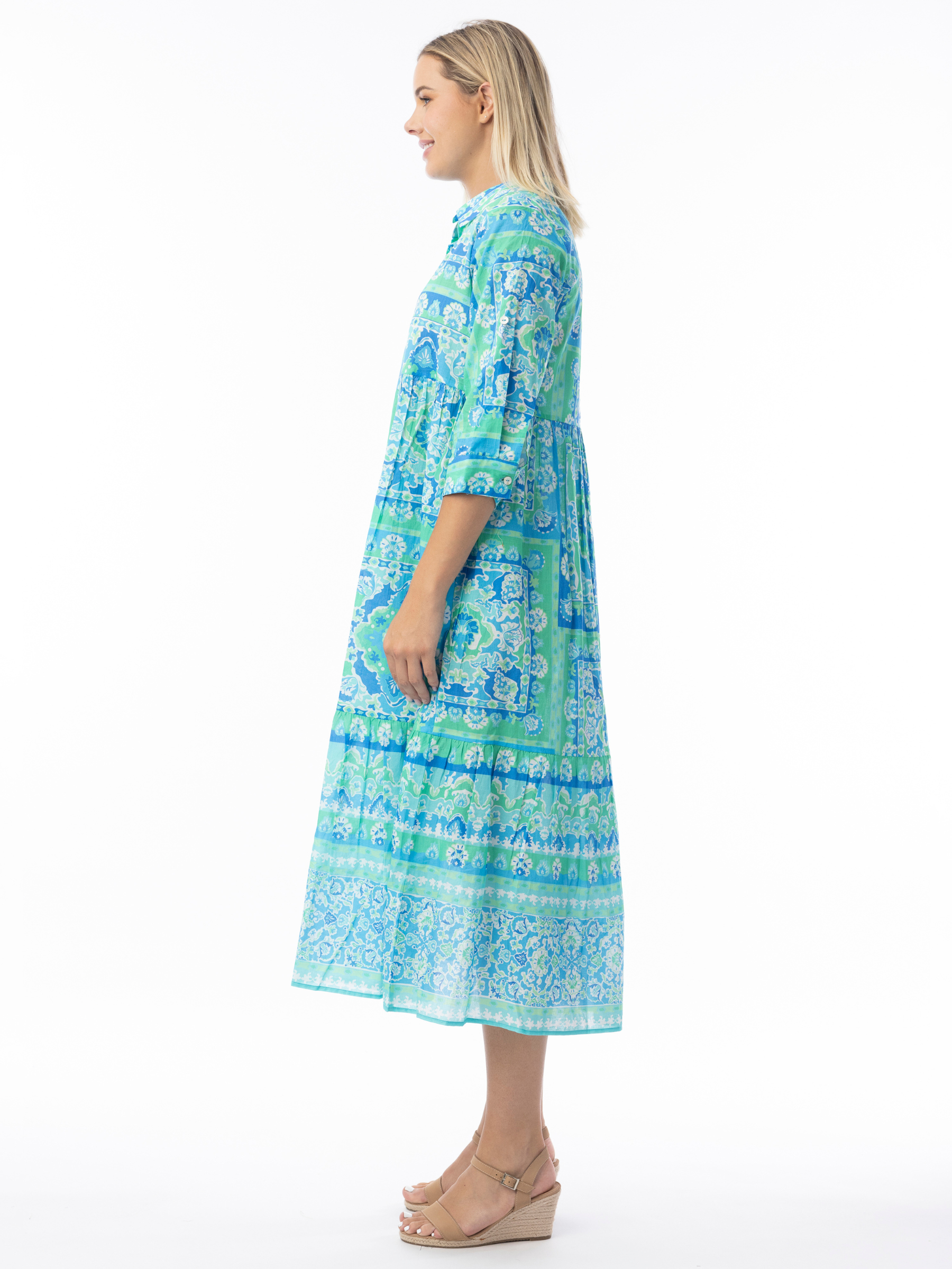 Orientique 10072 Montevideo Dress printed midi dress with shirt collar, button bodice and three-quarter sleeves.