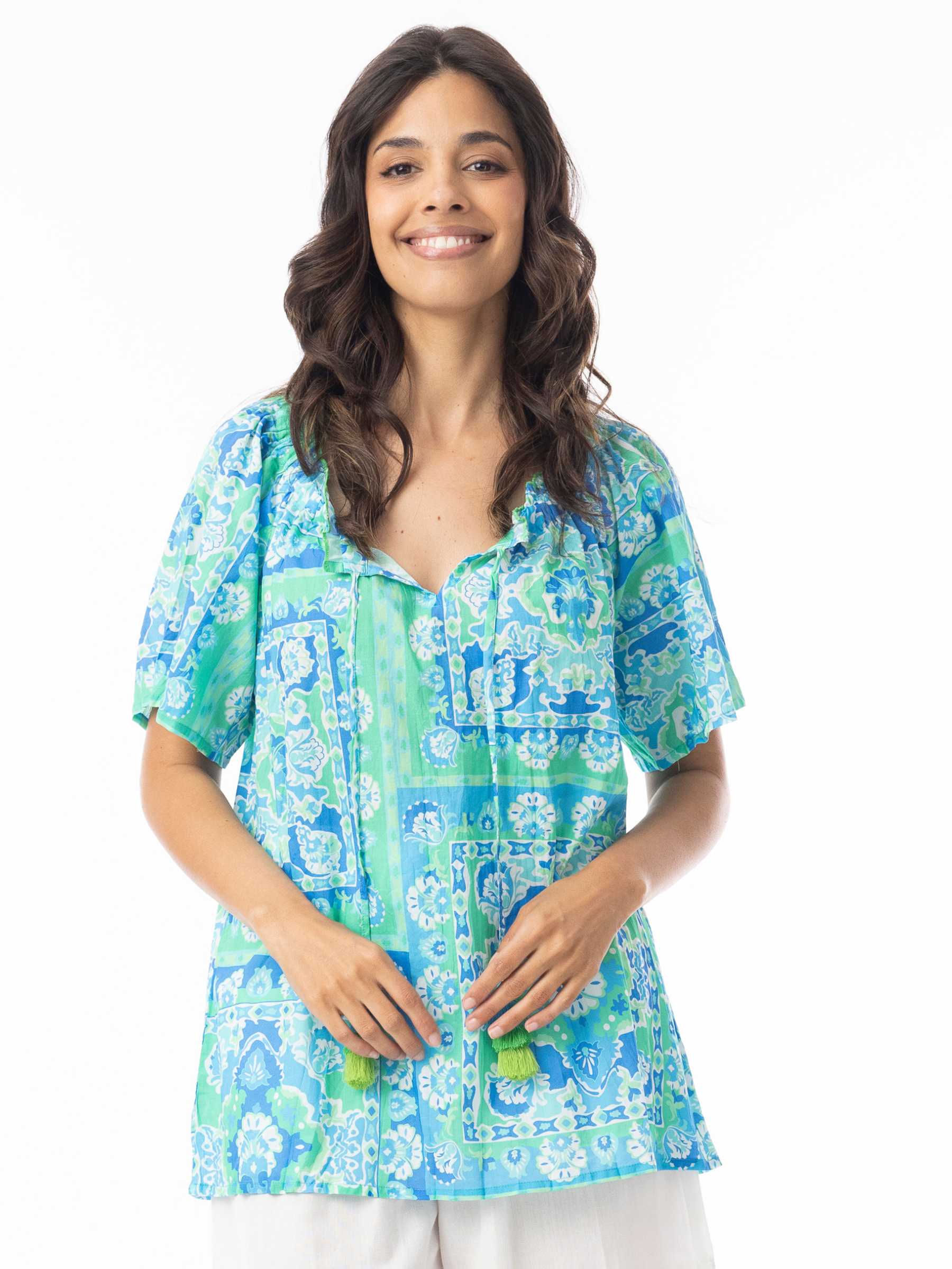 Orientique 12267 Montevideo Top relaxed-fit printed blouse with V-neckline, tassel tie detail and short flutter sleeves.