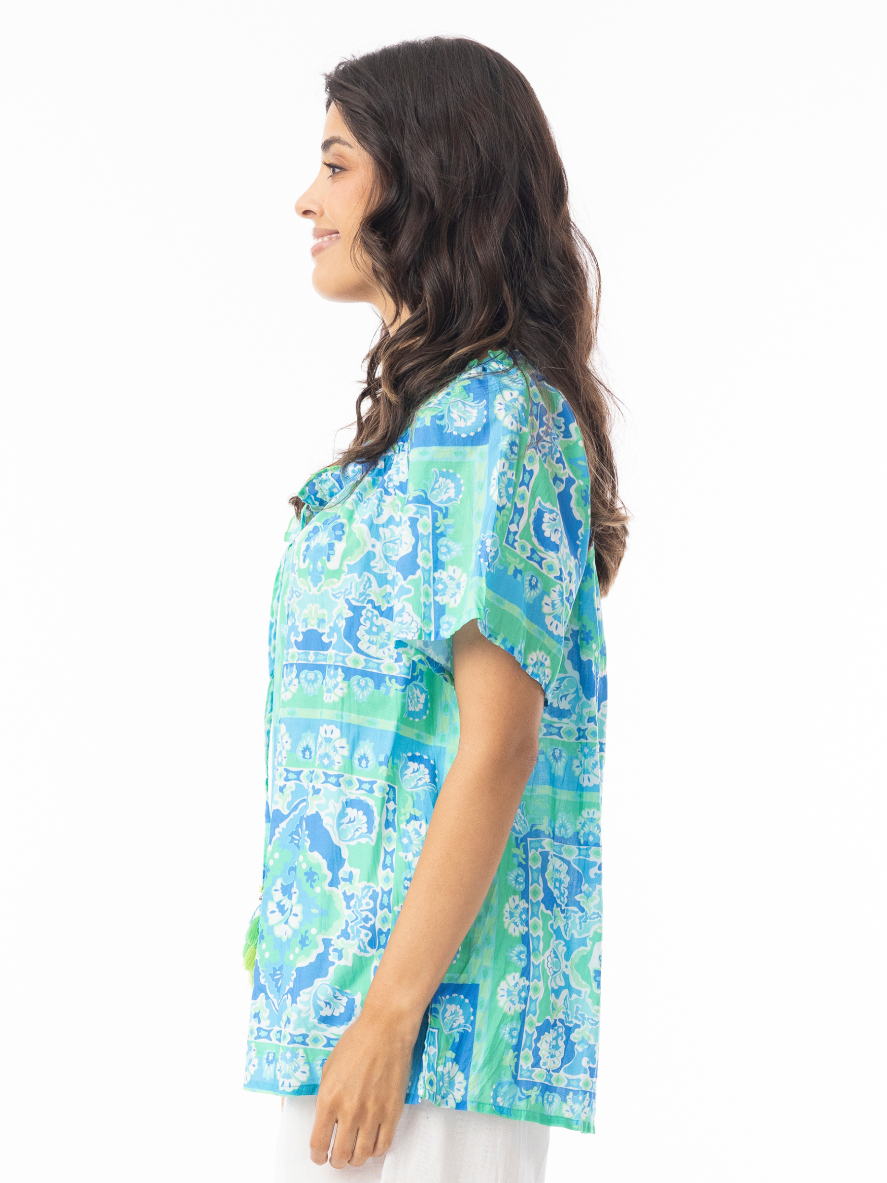 Orientique 12267 Montevideo Top relaxed-fit printed blouse with V-neckline, tassel tie detail and short flutter sleeves.