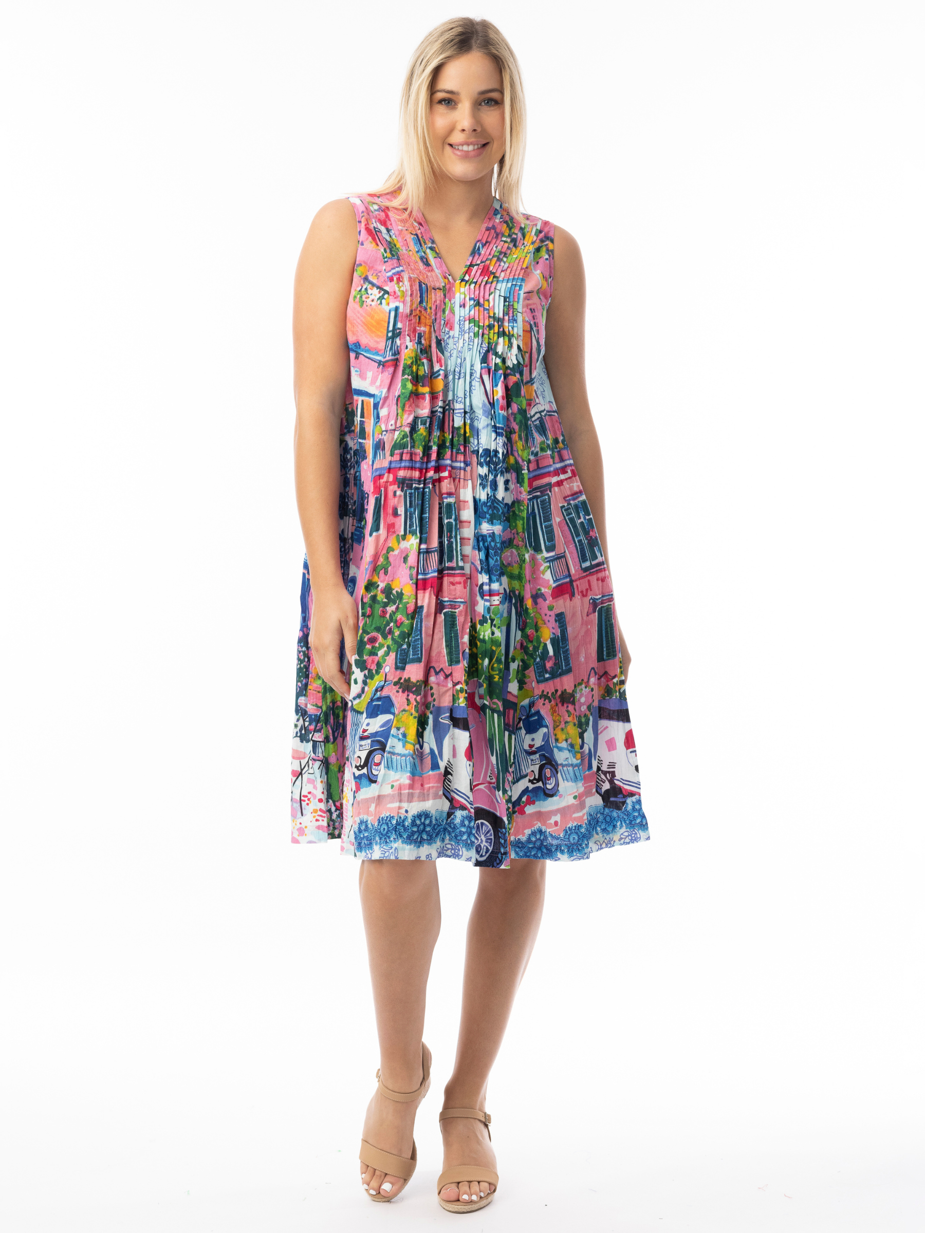 Orientique 20155S Pleated Dress multicolour printed sleeveless A-line dress with V-neckline and front pleat detail.