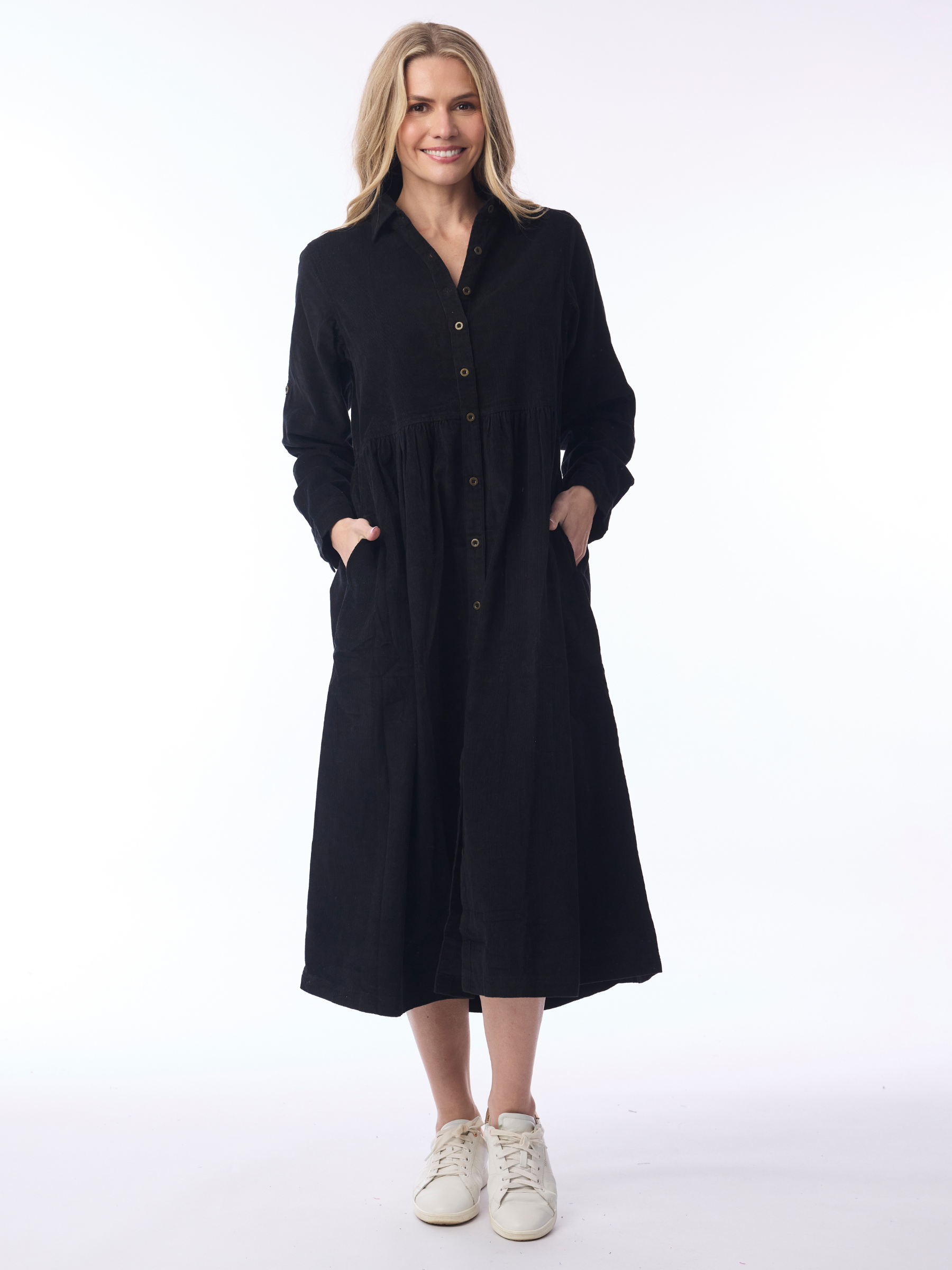 Orientique 21484 Cord Solid Dress with collared neckline, button front, long sleeves and midi length