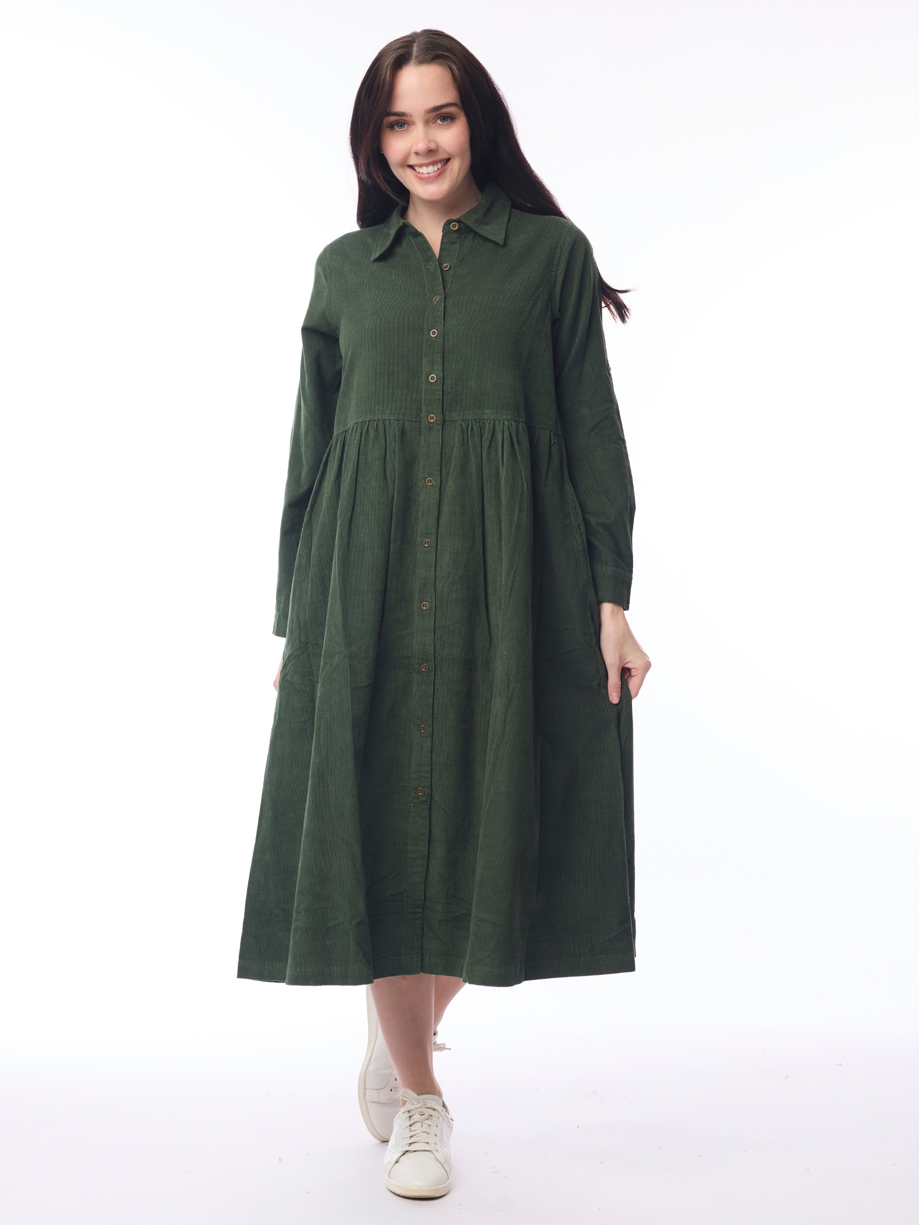 Orientique 21484 Cord Solid Dress with collared neckline, button front, long sleeves and midi length
