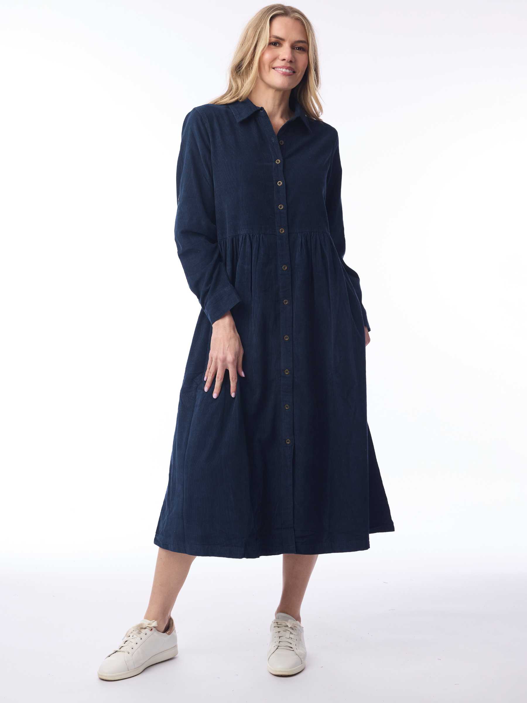 Orientique 21484 Cord Solid Dress with collared neckline, button front, long sleeves and midi length