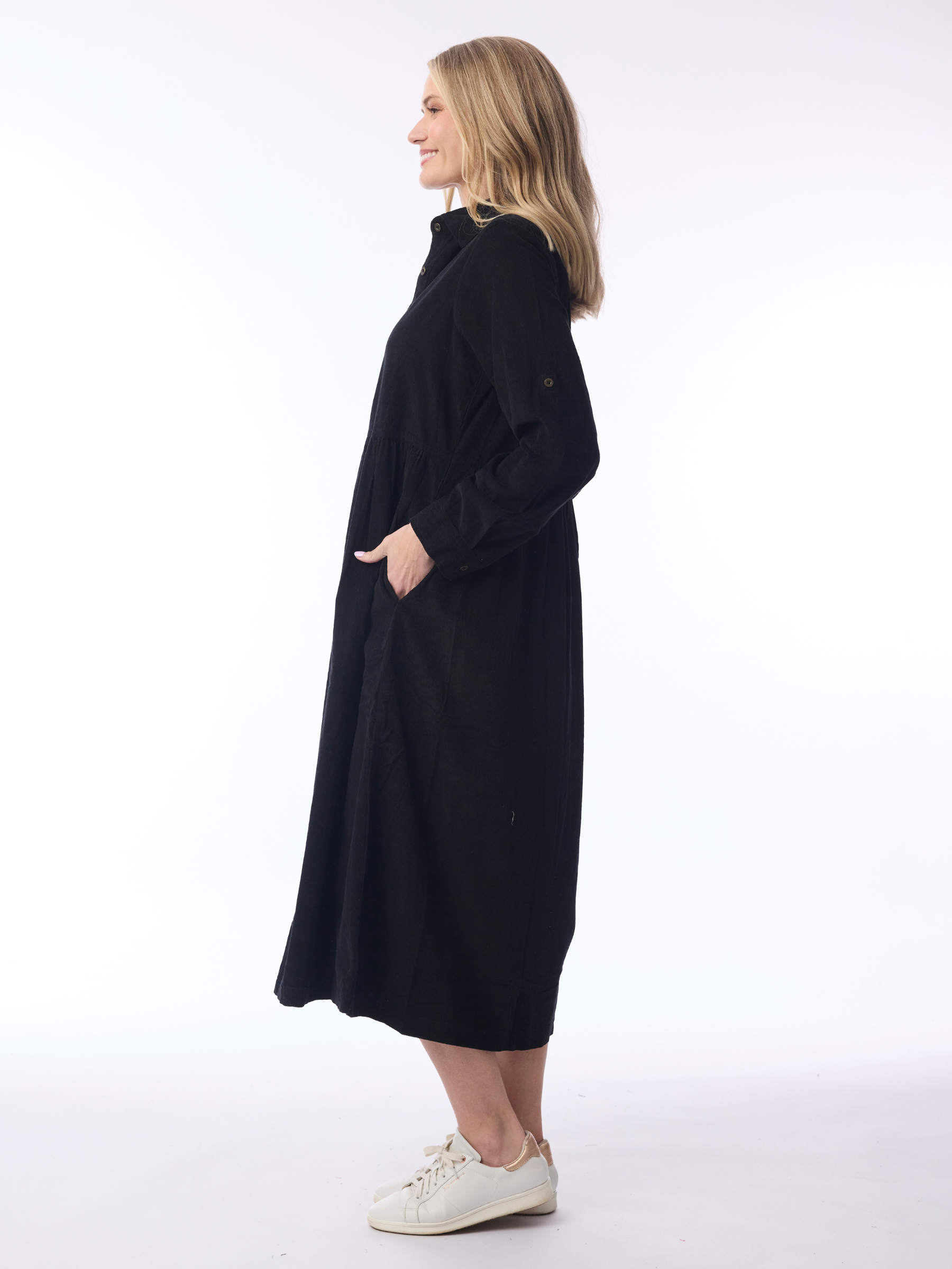 Orientique 21484 Cord Solid Dress with collared neckline, button front, long sleeves and midi length