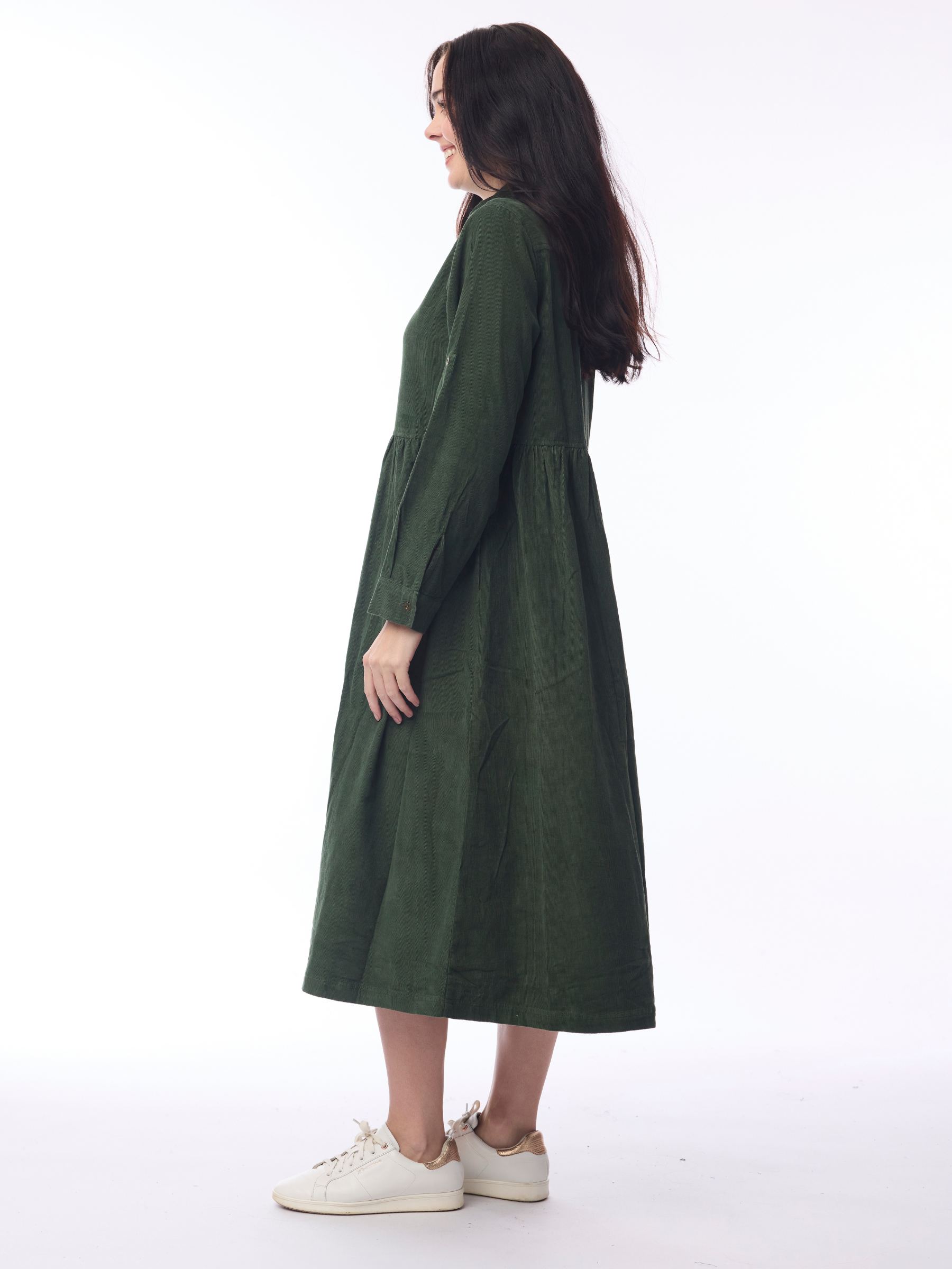 Orientique 21484 Cord Solid Dress with collared neckline, button front, long sleeves and midi length