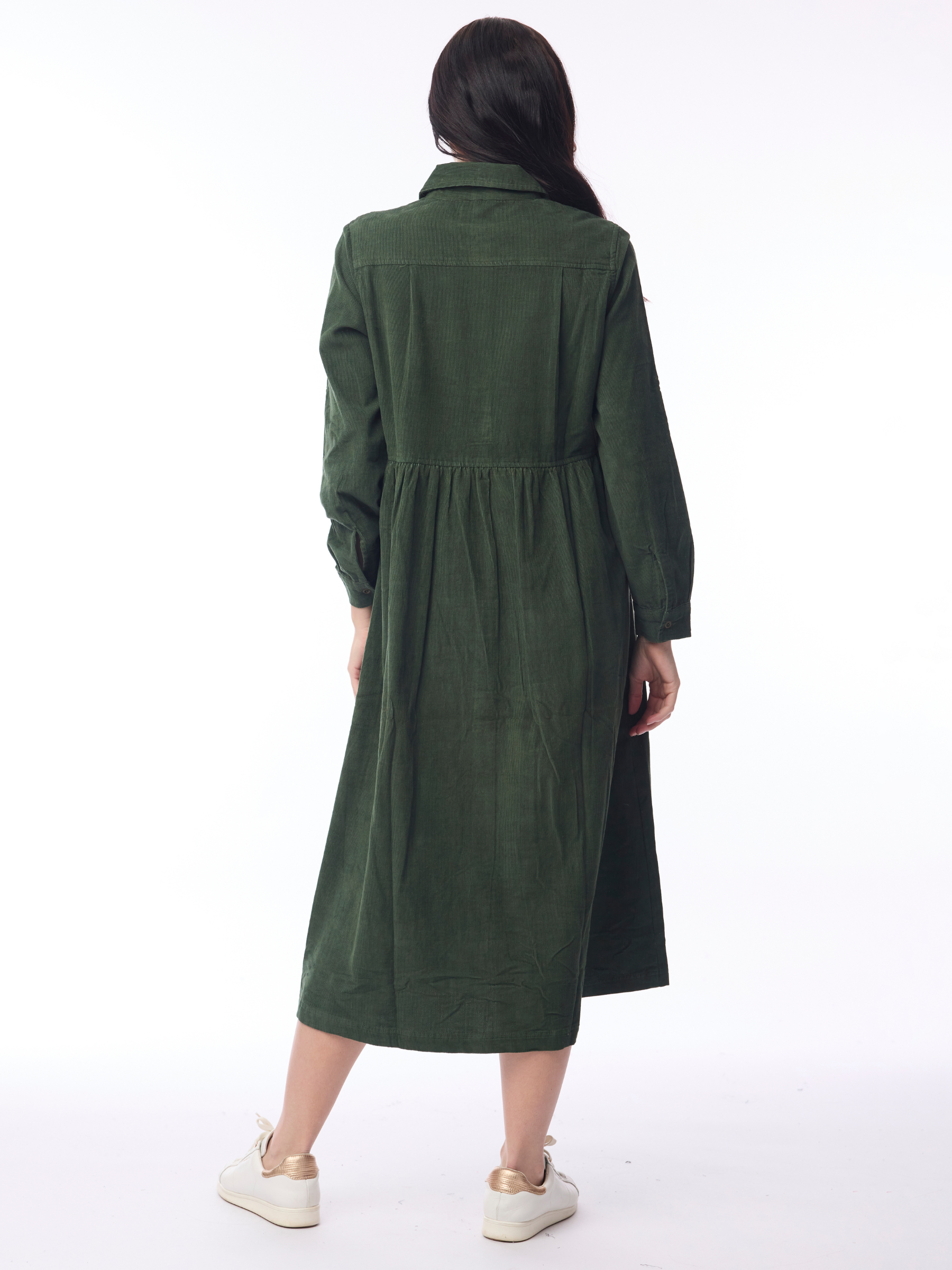 Orientique 21484 Cord Solid Dress with collared neckline, button front, long sleeves and midi length
