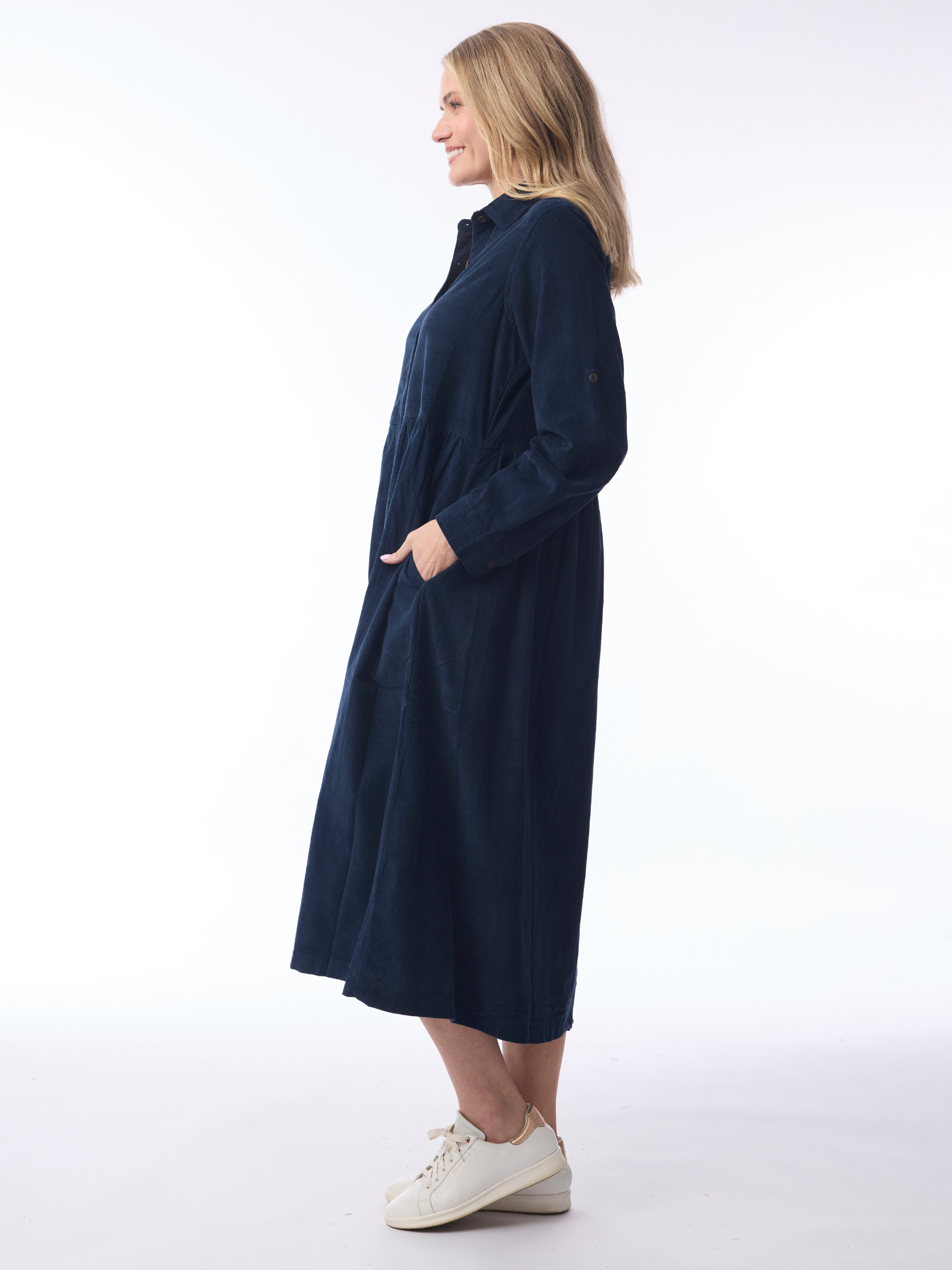 Orientique 21484 Cord Solid Dress with collared neckline, button front, long sleeves and midi length