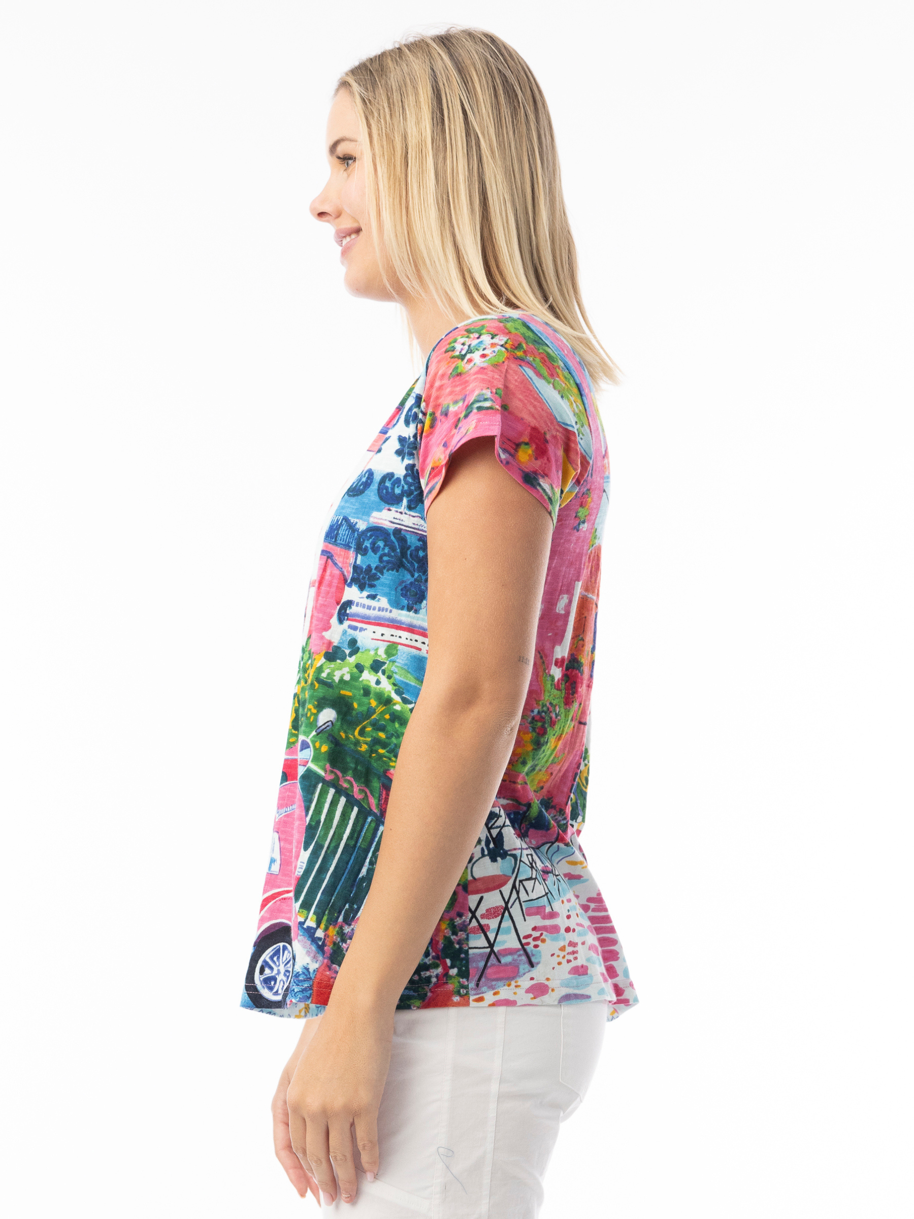 Orientique 23098S Contemporary T-Shirt women’s multicolour printed short sleeve top with V-neckline.