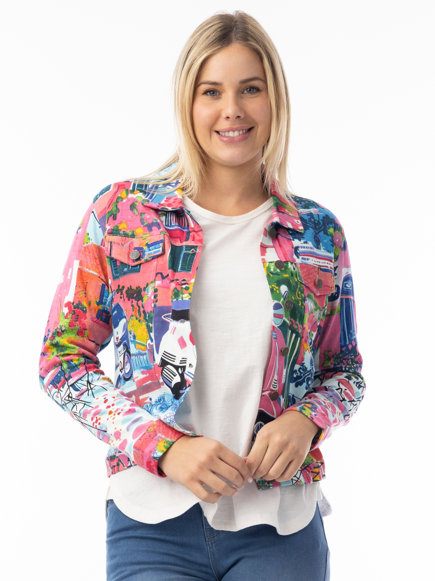 Orientique 23101S Ponte Jacket women’s multicolour printed fitted jacket with collar neckline and button front.
