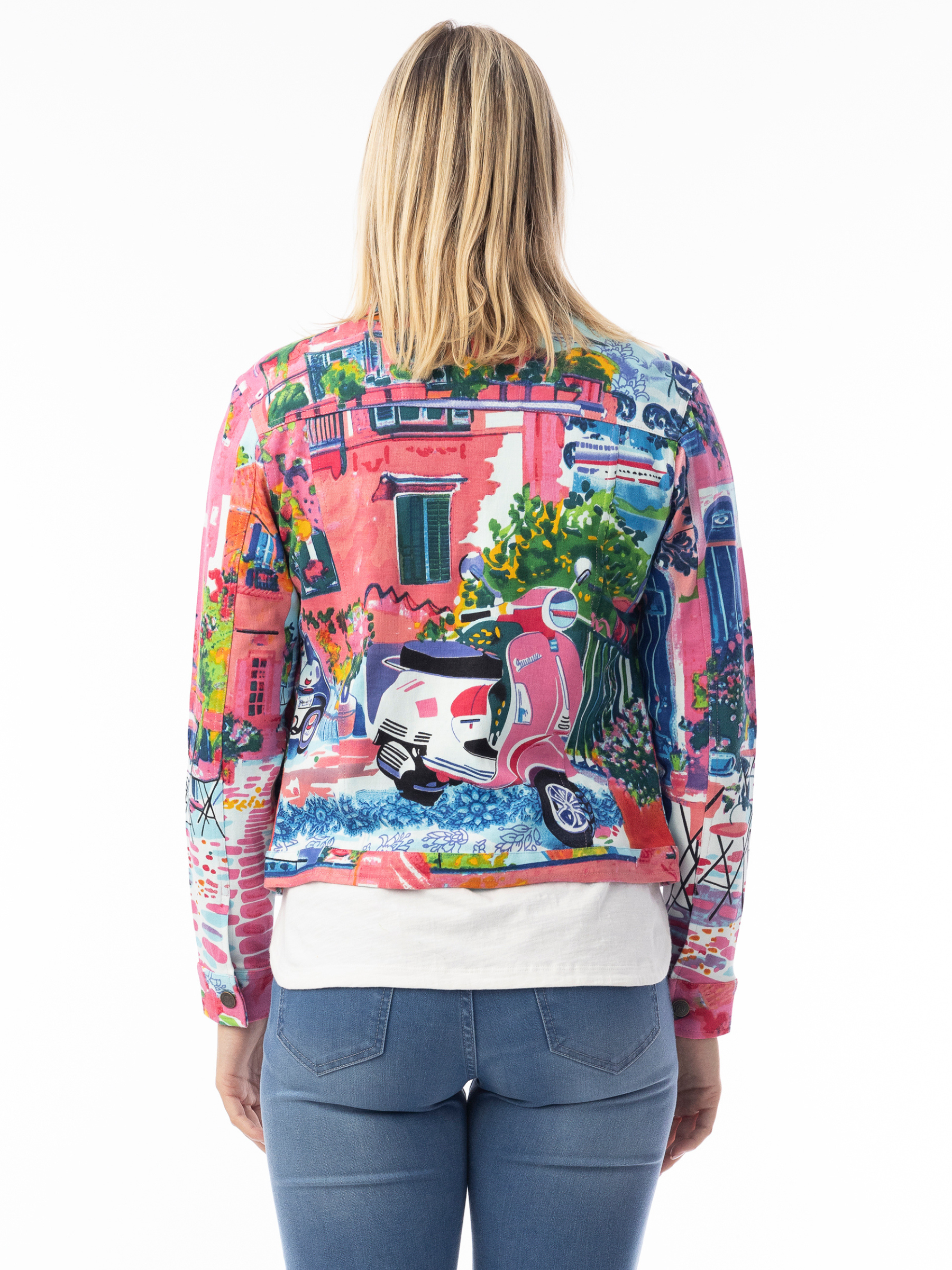 Orientique 23101S Ponte Jacket women’s multicolour printed fitted jacket with collar neckline and button front.