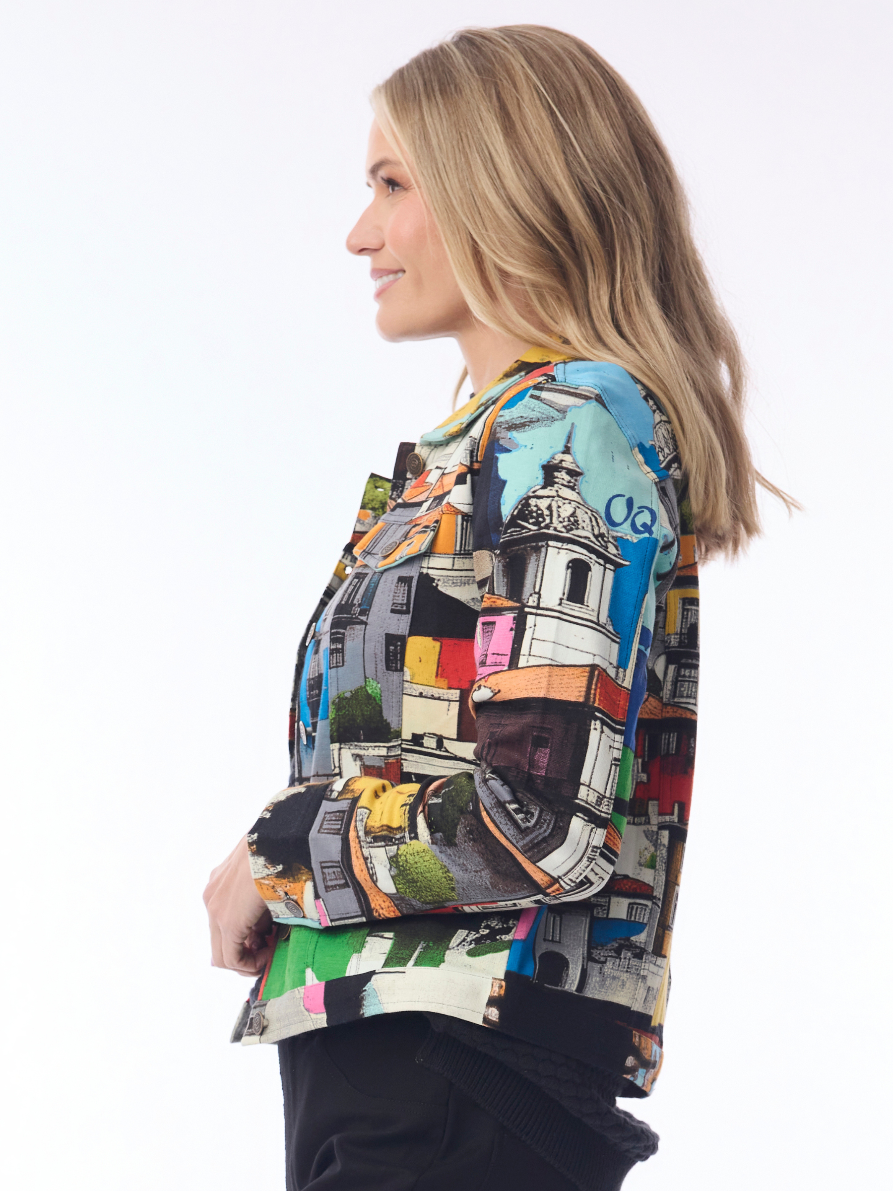 Orientique 23145 Biker Jacket with collared neckline, button front, long sleeves and scenic print