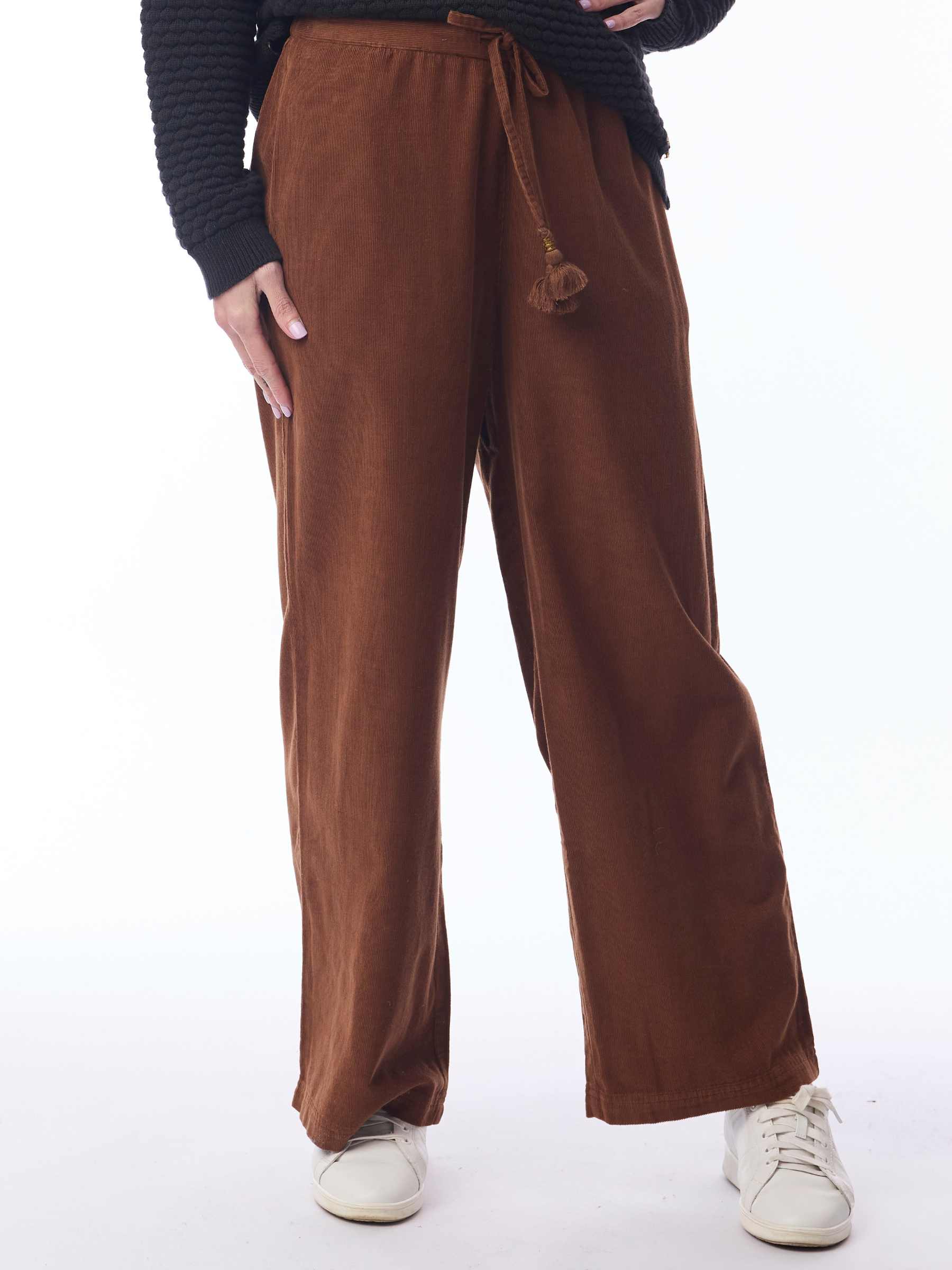 Orientique 2697 Cord Solid Wide Leg Pant with tie waist, full-length leg and soft textured finish