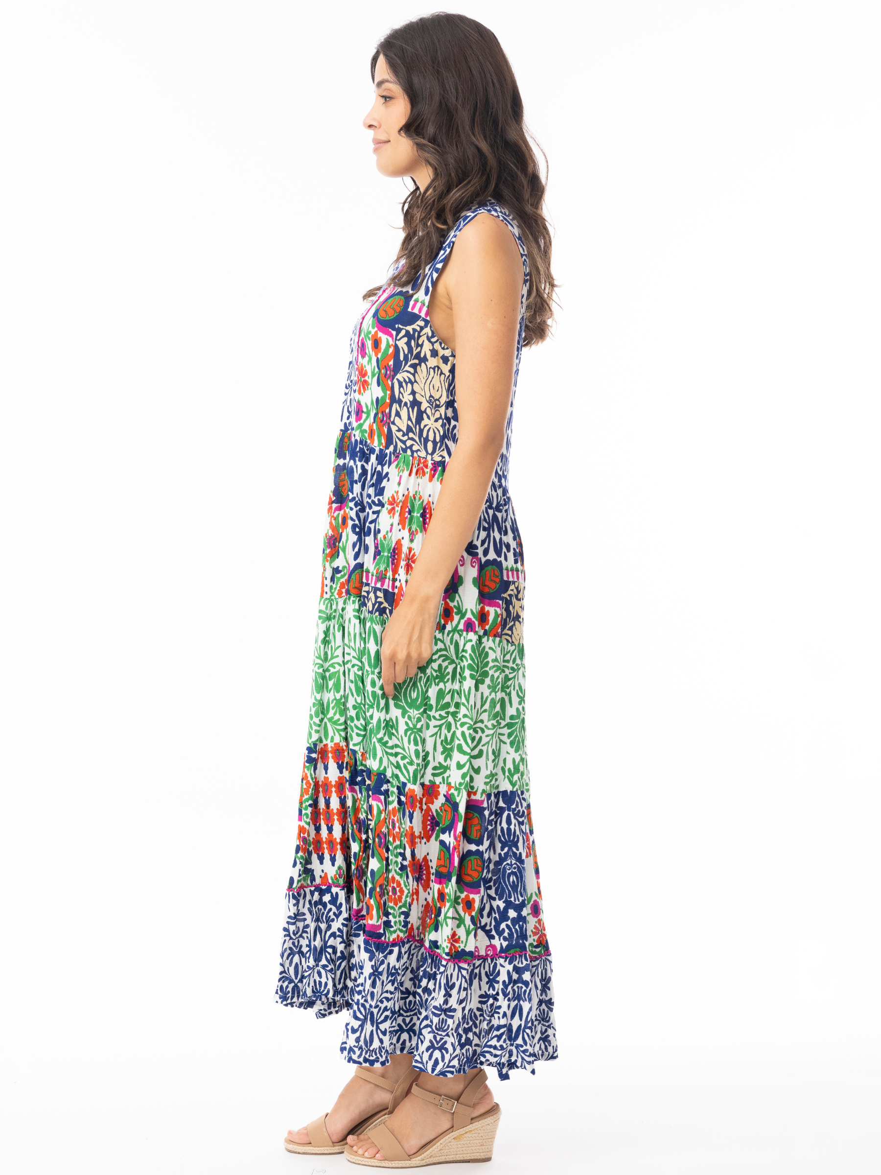 Orientique 30211 Buzios Round Neck Dress printed sleeveless maxi dress with round neckline and tiered skirt.