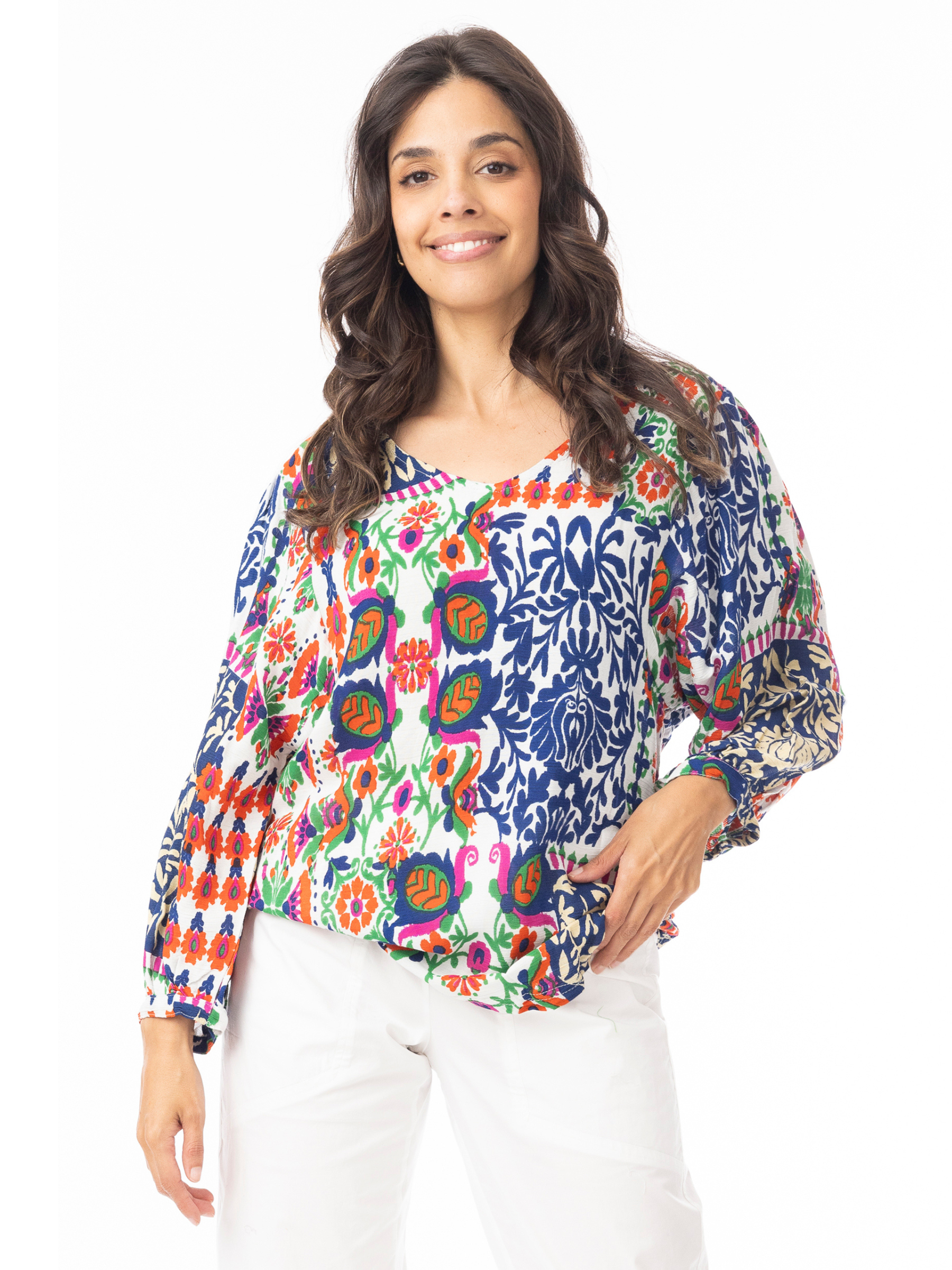Orientique 32451 Buzios Top relaxed-fit printed top with scoop neckline and long sleeves.