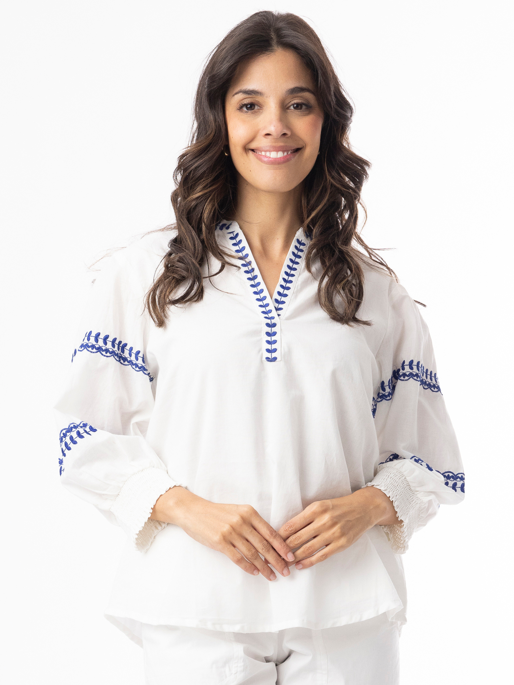 Orientique 32456 Embroidered Essentials Top relaxed-fit top with V-notch neckline, three-quarter sleeves and embroidered detailing.