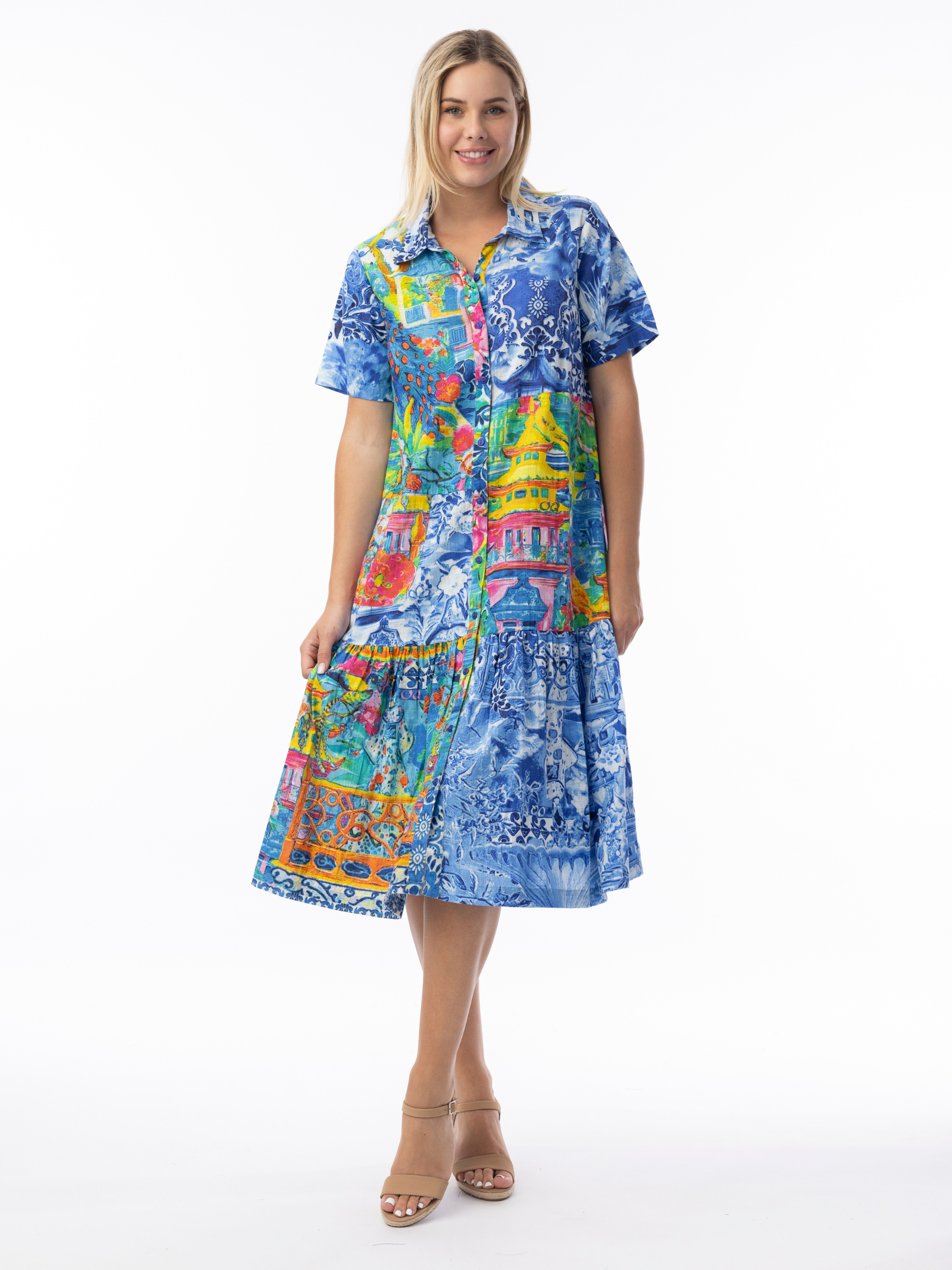 Orientique 40190 Okayama Patch Collar Dress printed knee-length shirt dress with patch collar, button-through front and short sleeves.