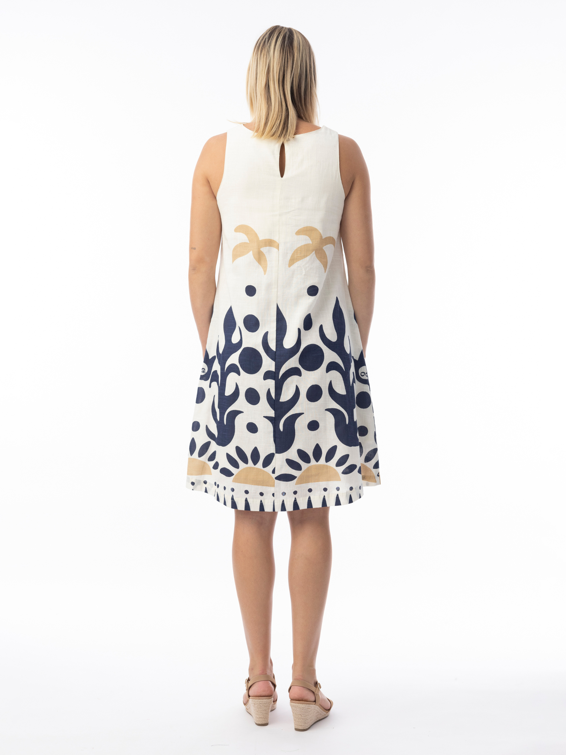 Orientique 40193 Nazca Dress sleeveless dress with round neckline and flared silhouette featuring bold placement print.