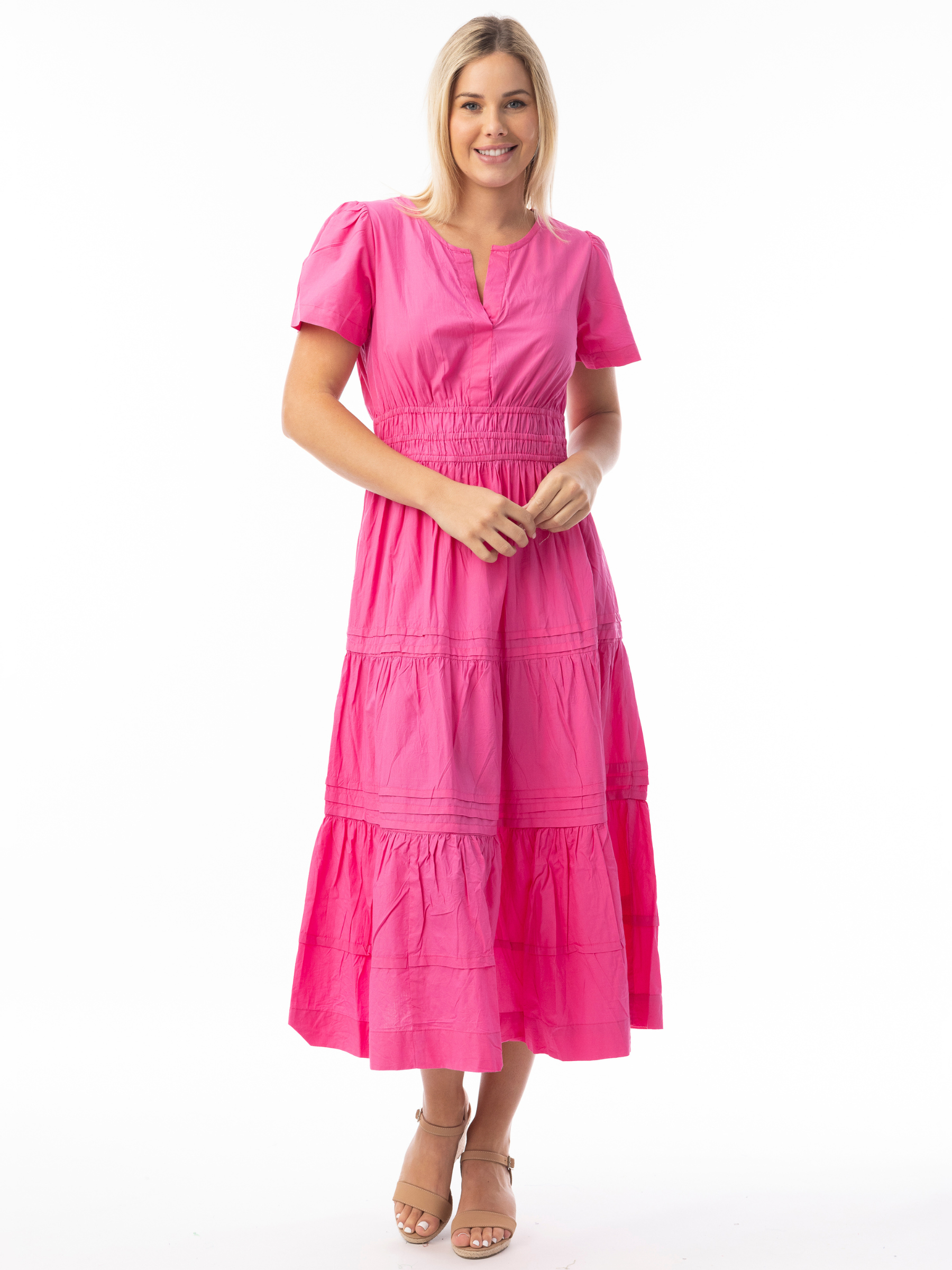 Orientique 40242 Poplin Essentials Maxi Dress women’s tiered maxi summer dress with short sleeves, elasticated waist and V-notch neckline.
