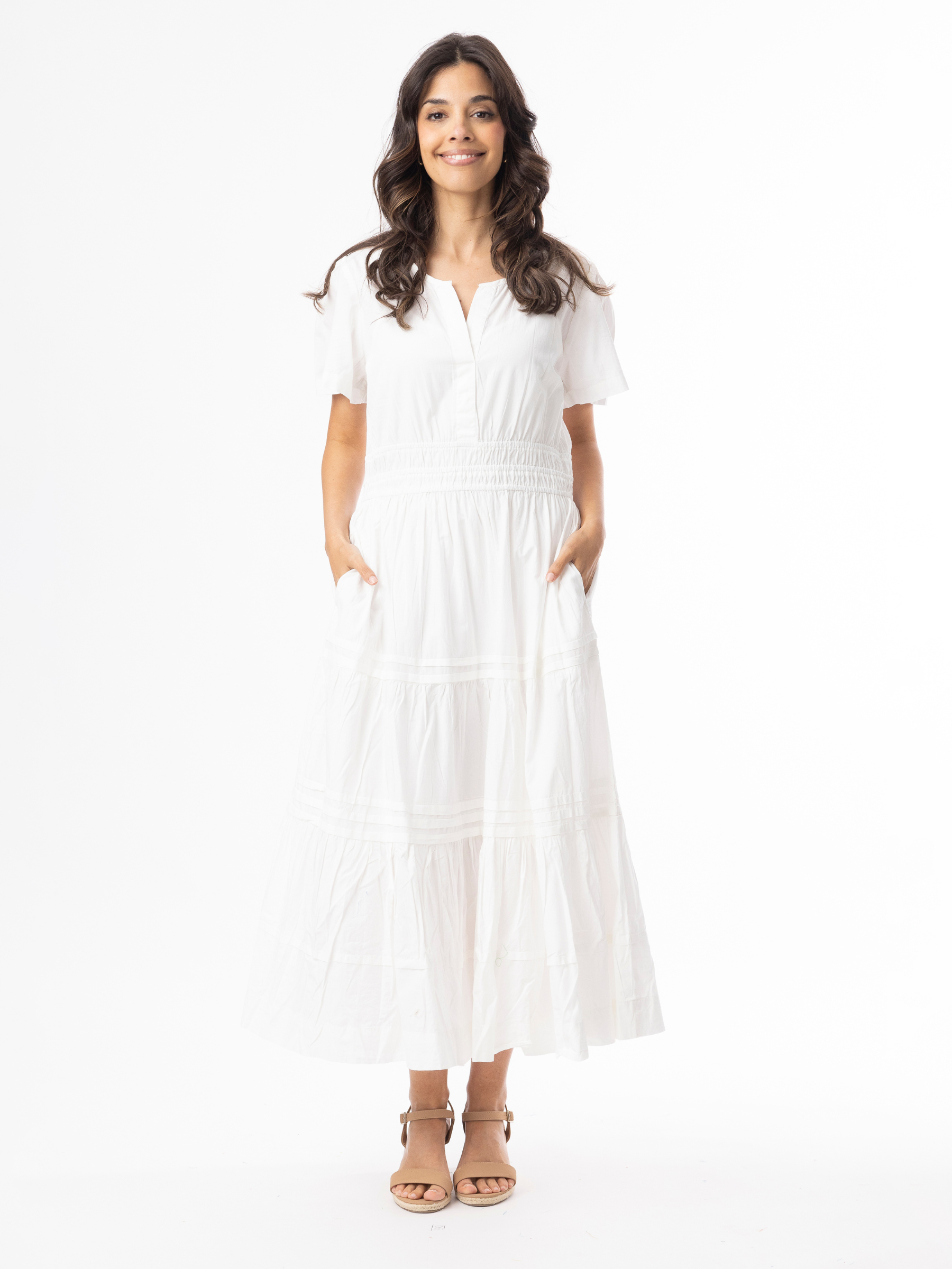 Orientique 40242 Poplin Essentials Maxi Dress women’s tiered maxi summer dress with short sleeves, elasticated waist and V-notch neckline.