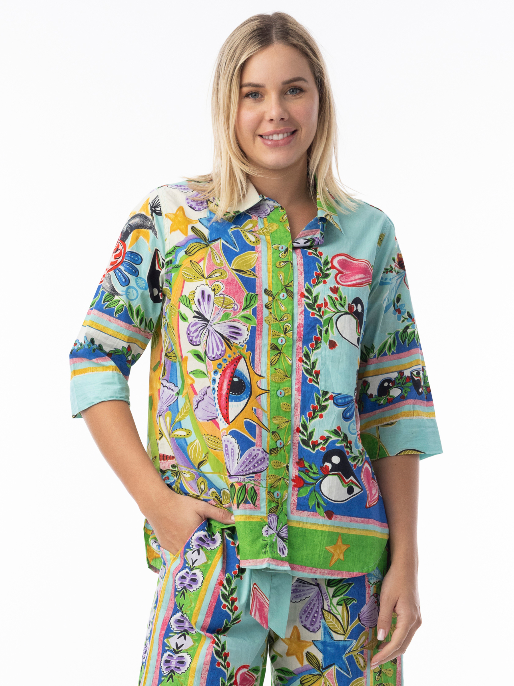 Orientique 42174 Sante Fe Top button-through printed top with collar and three-quarter sleeves.