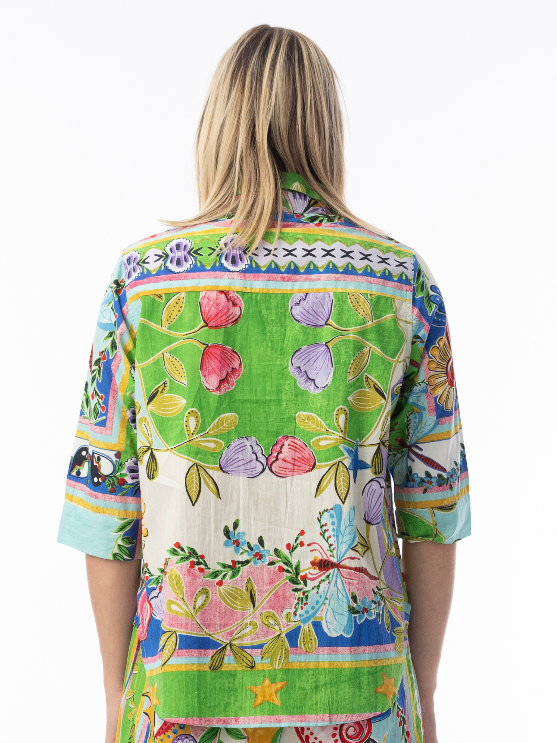 Orientique 42174 Sante Fe Top button-through printed top with collar and three-quarter sleeves.