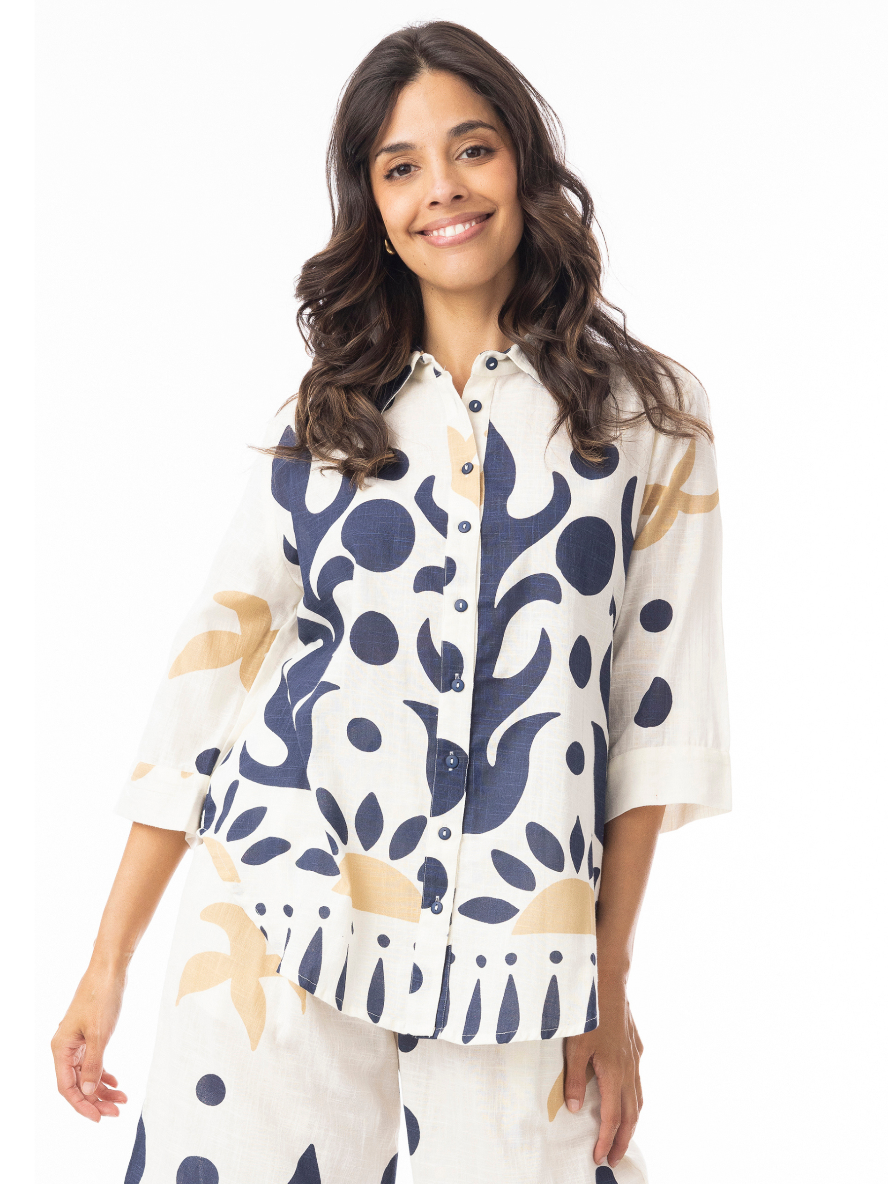 Orientique 42190 Nazca Top button-through printed top with collar, three-quarter sleeves and relaxed silhouette.
