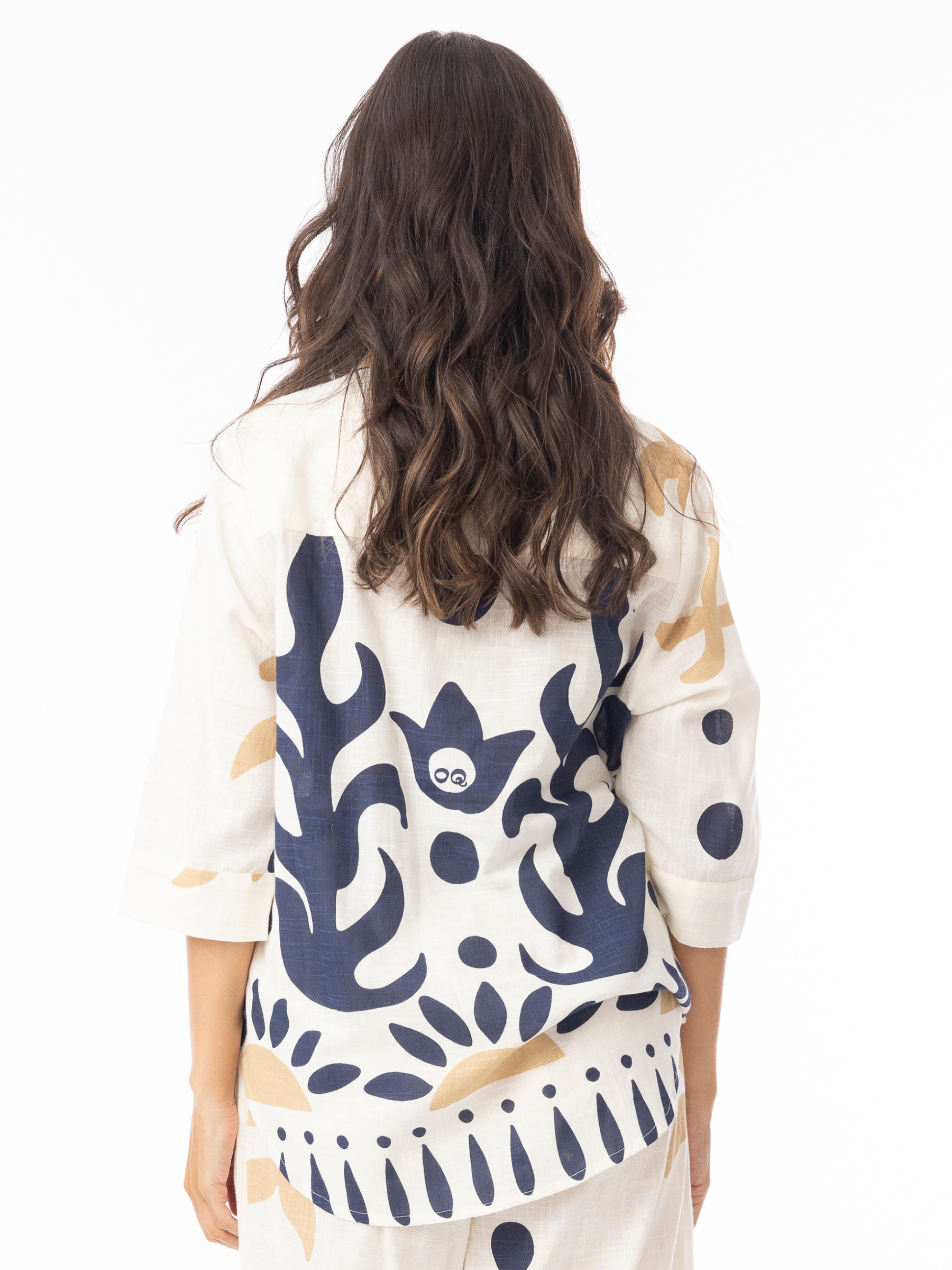 Orientique 42190 Nazca Top button-through printed top with collar, three-quarter sleeves and relaxed silhouette.