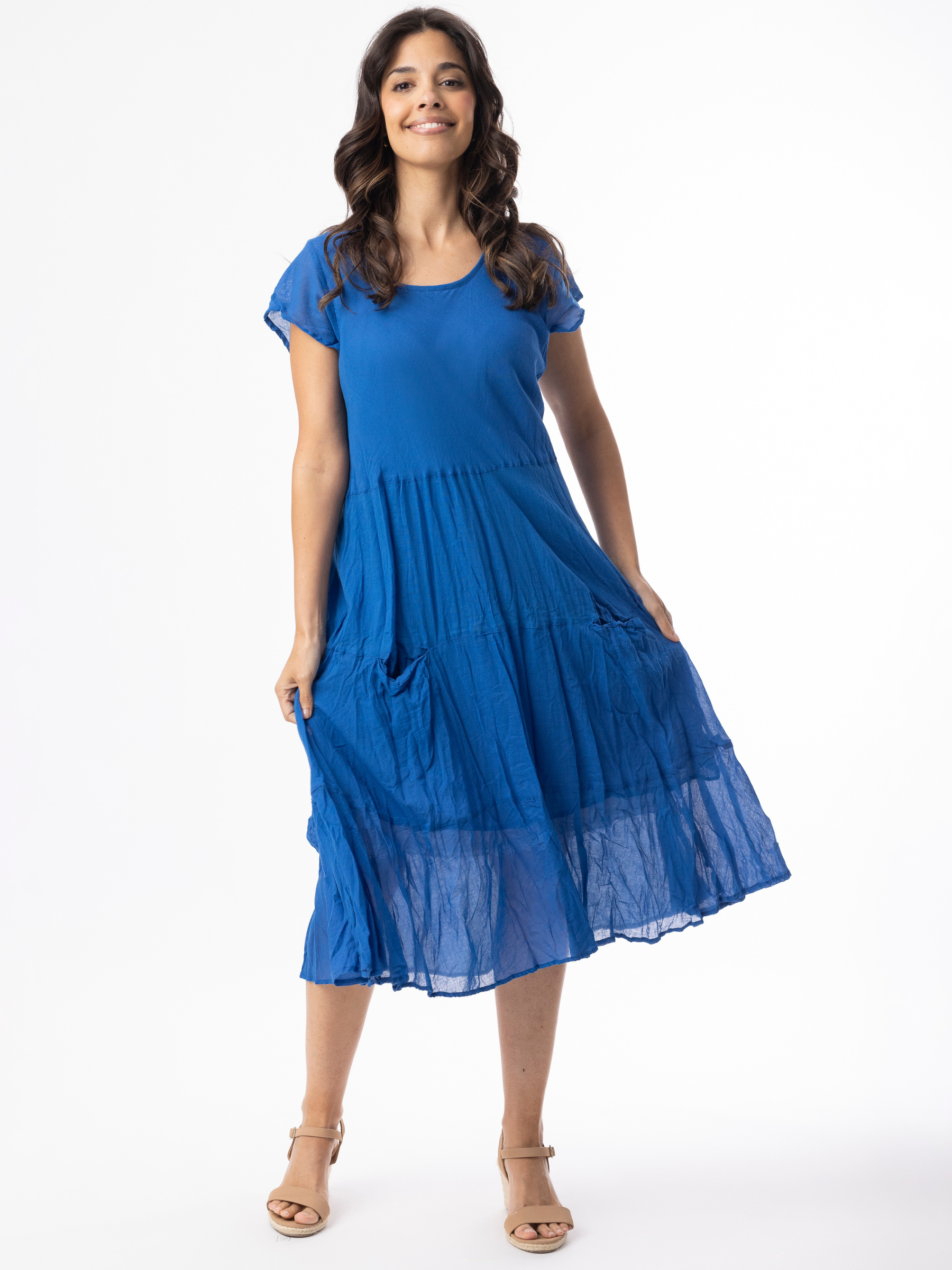 Orientique 51905 Gauze Essentials Dress relaxed-fit midi dress with short sleeves, round neckline and tiered flowing skirt.