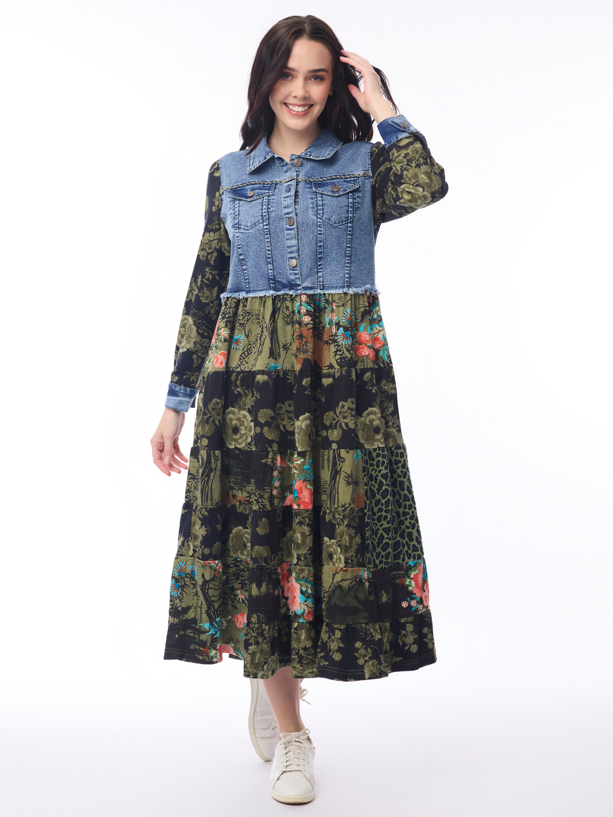 Orientique 61787 Keqioa Dress with denim bodice, collared neckline and tiered skirt