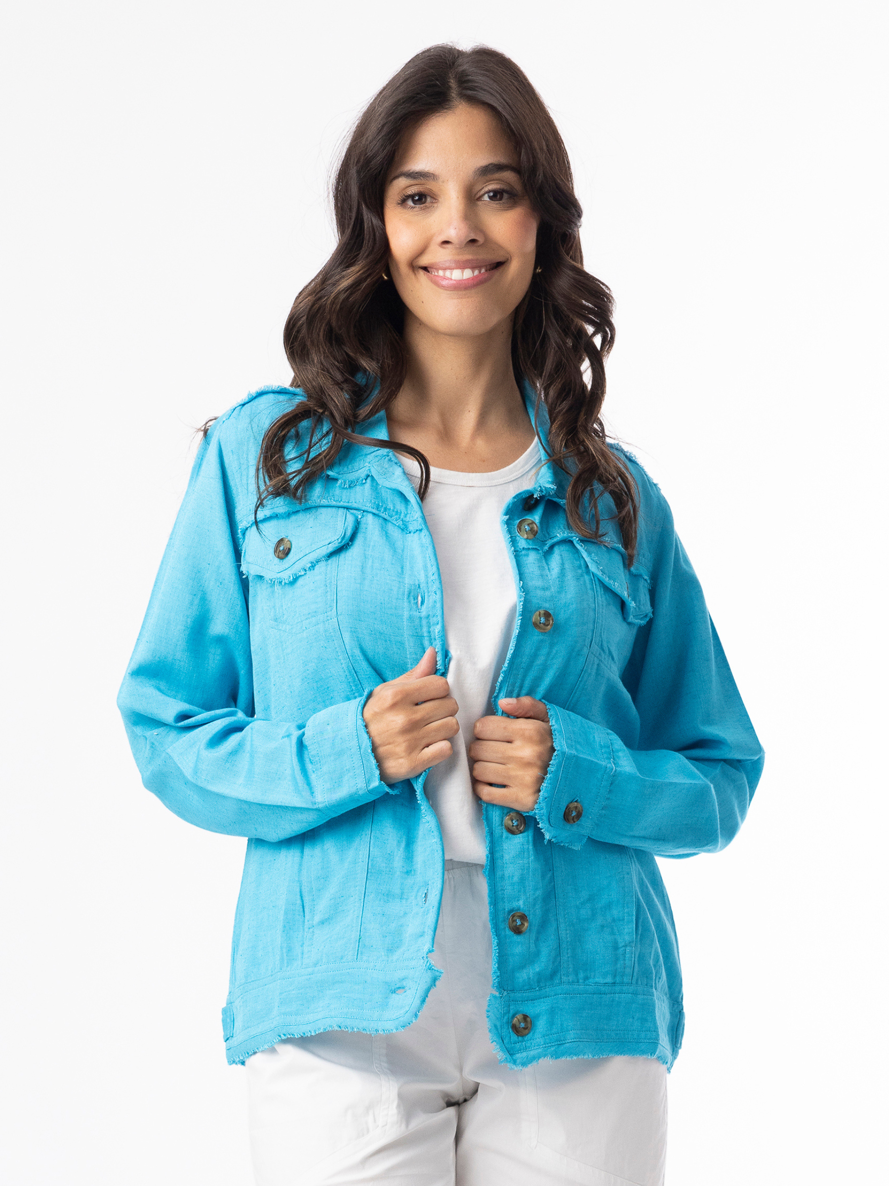 Orientique 62770 Linen Essentials Jacket relaxed-fit button-through jacket with collar, flap chest pockets and raw edge detailing.