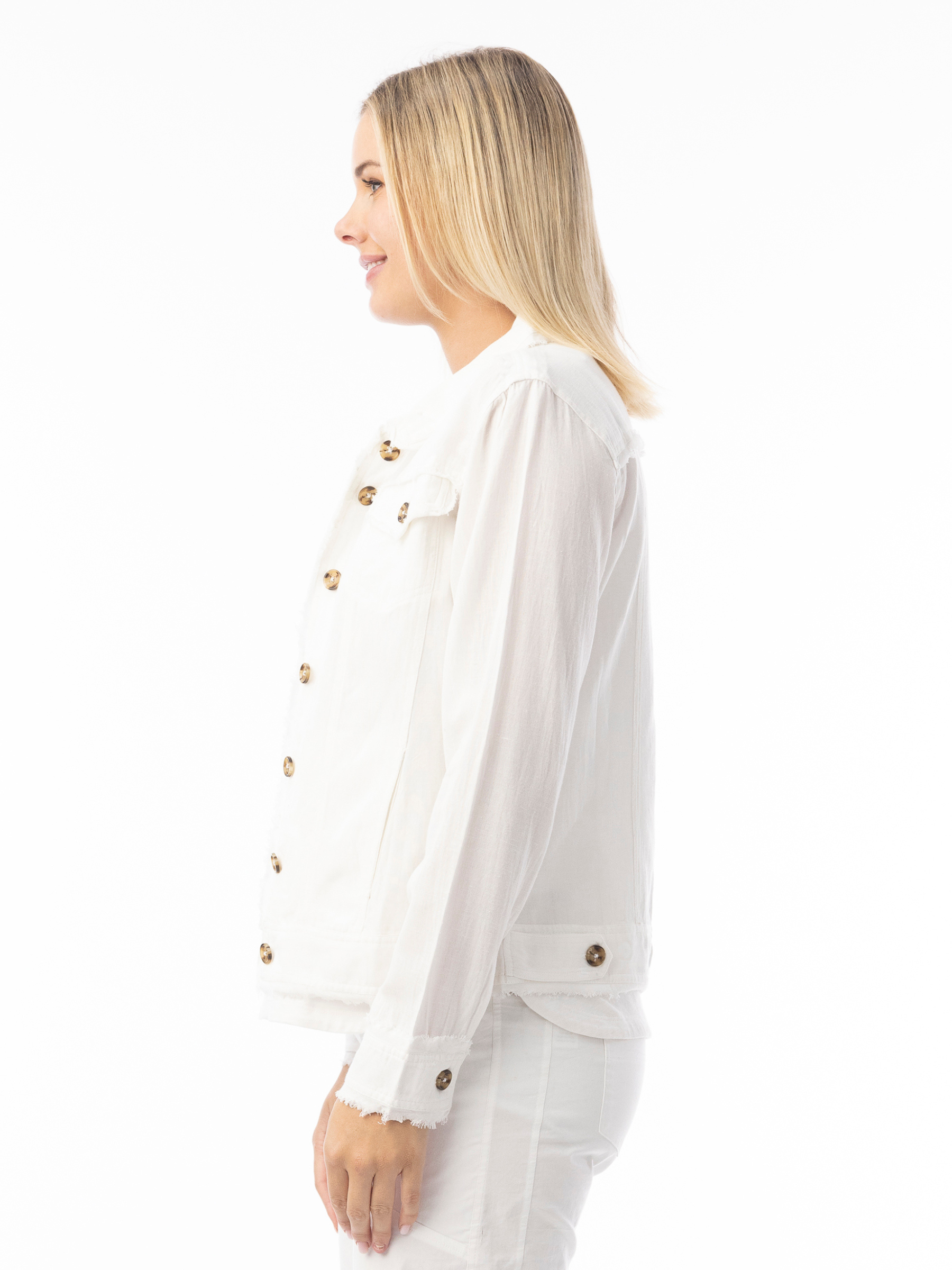 Orientique 62770 Linen Essentials Jacket relaxed-fit button-through jacket with collar, flap chest pockets and raw edge detailing.