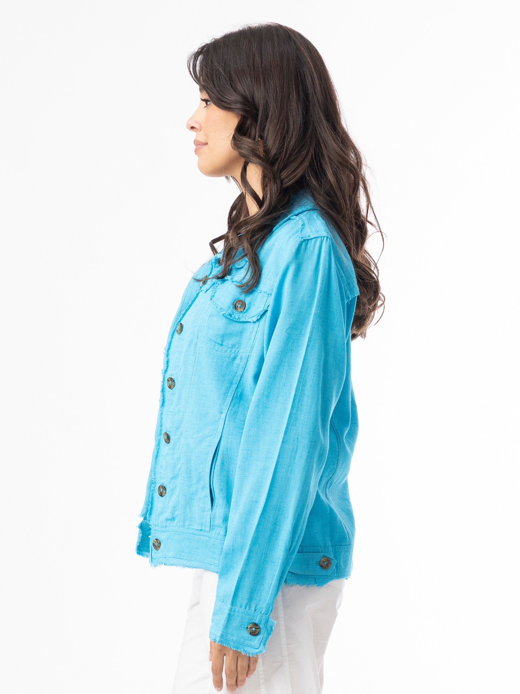 Orientique 62770 Linen Essentials Jacket relaxed-fit button-through jacket with collar, flap chest pockets and raw edge detailing.