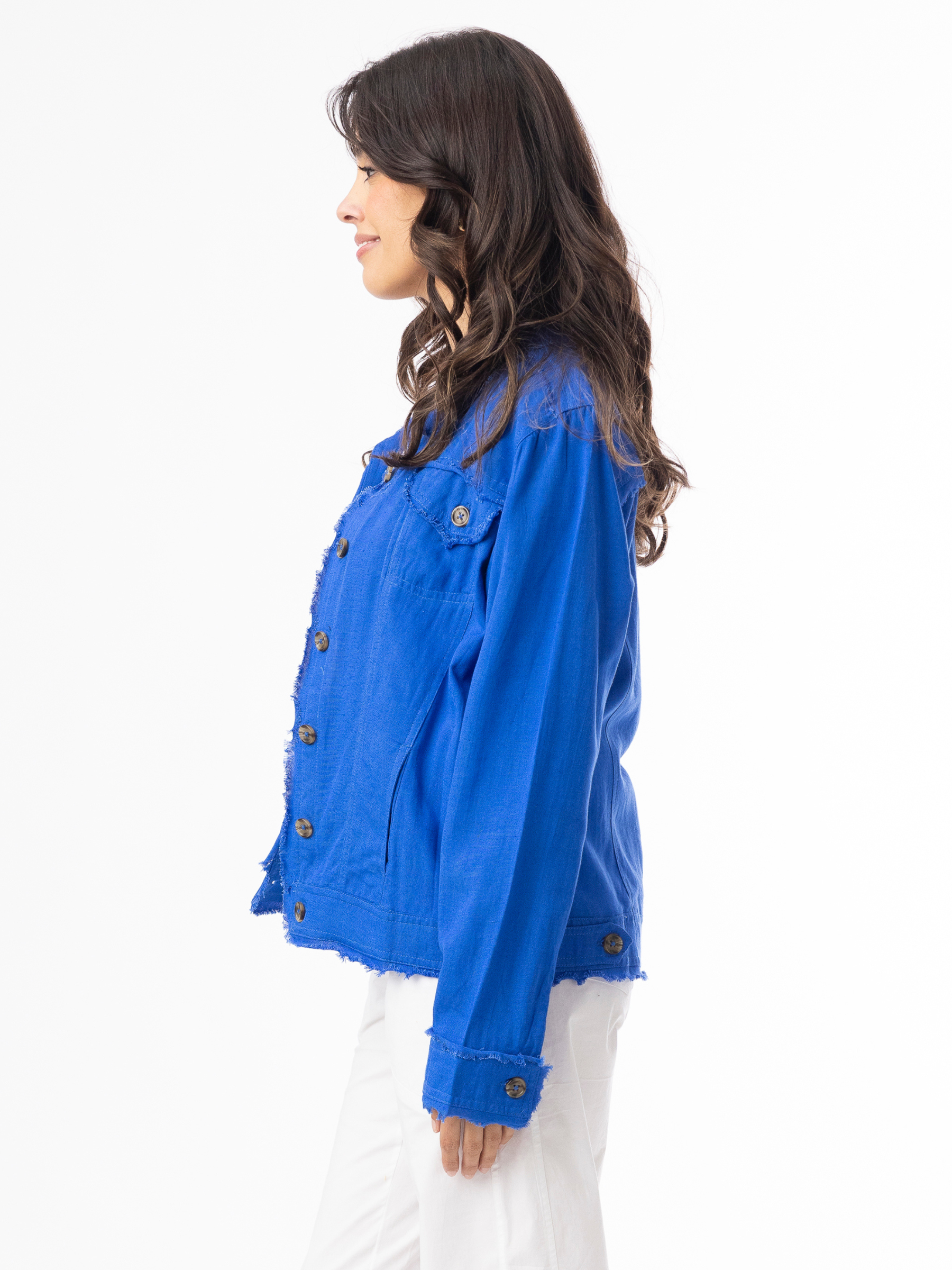 Orientique 62770 Linen Essentials Jacket relaxed-fit button-through jacket with collar, flap chest pockets and raw edge detailing.