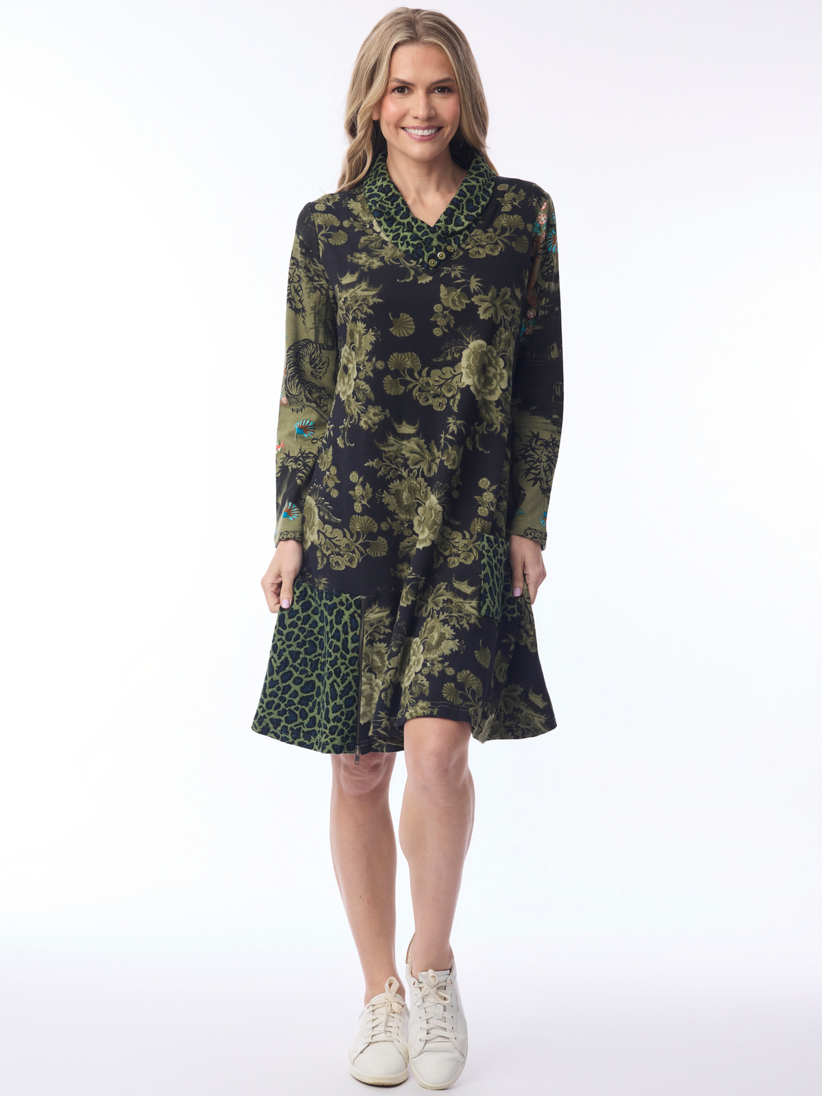 Orientique 62809 Keqioa Cowl Neck Tunic with cowl neckline, long sleeves, mixed print and flared hem