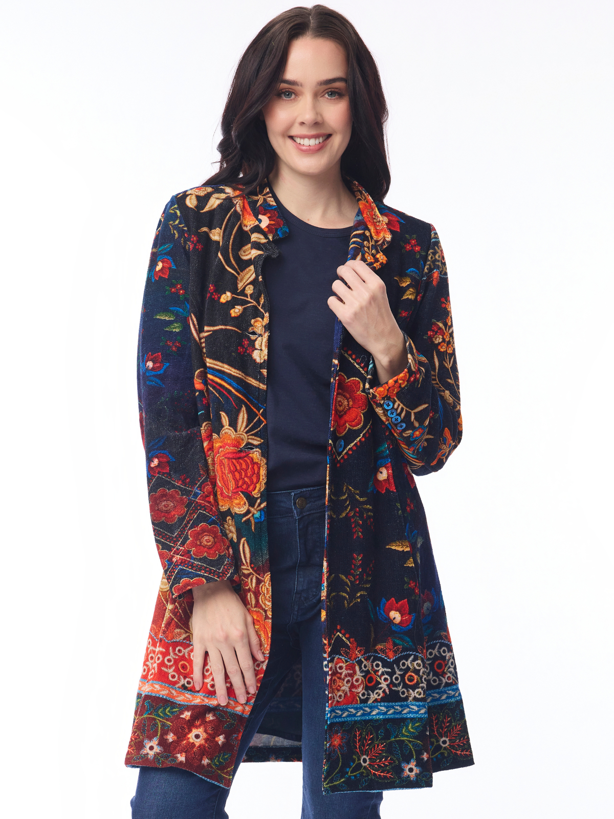 Orientique 62812 Digital Mid Length Coat with open front, long sleeves, relaxed fit and statement print