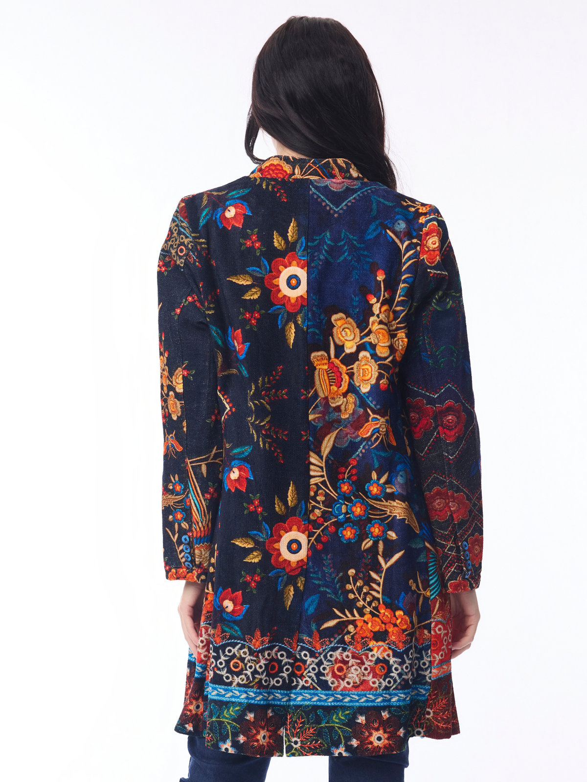 Orientique 62812 Digital Mid Length Coat with open front, long sleeves, relaxed fit and statement print