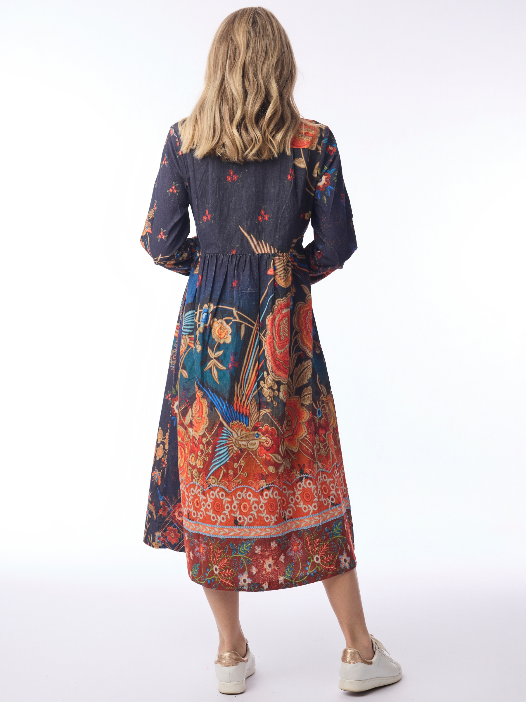 Orientique 71605 Digital Button Through Dress with collared neckline, long sleeves and flowing skirt
