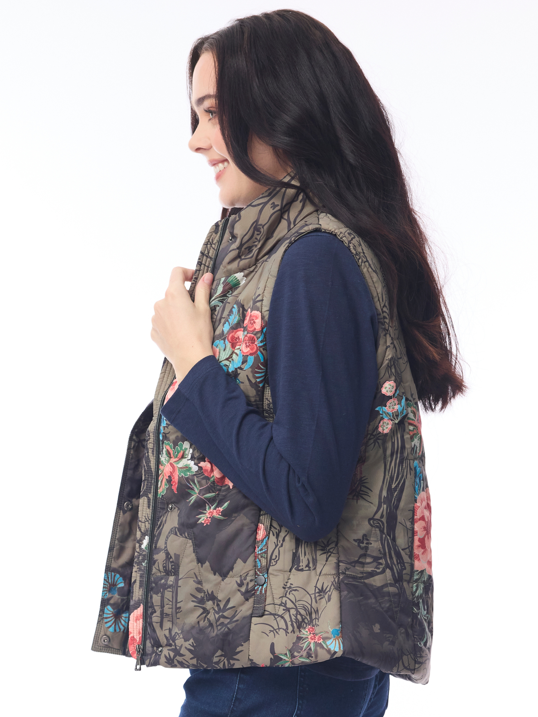 Orientique 82237 Puffer Vest with high neckline, zip front, side pockets and statement print