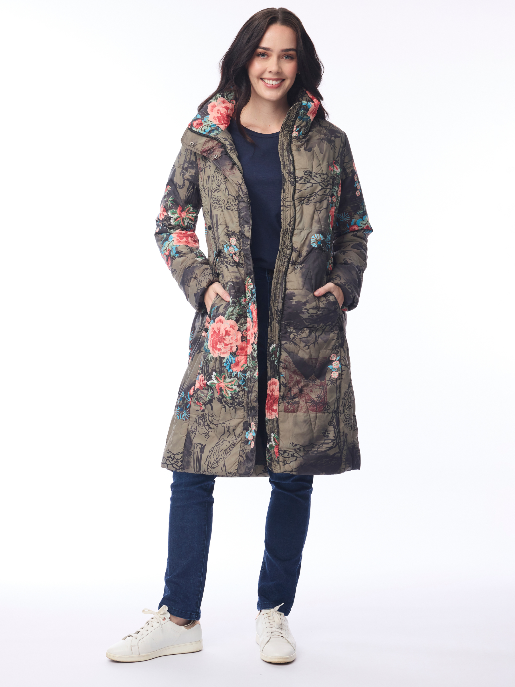 Orientique 82239 Puffer Coat with hood, zip front, side pockets, longline shape and statement print