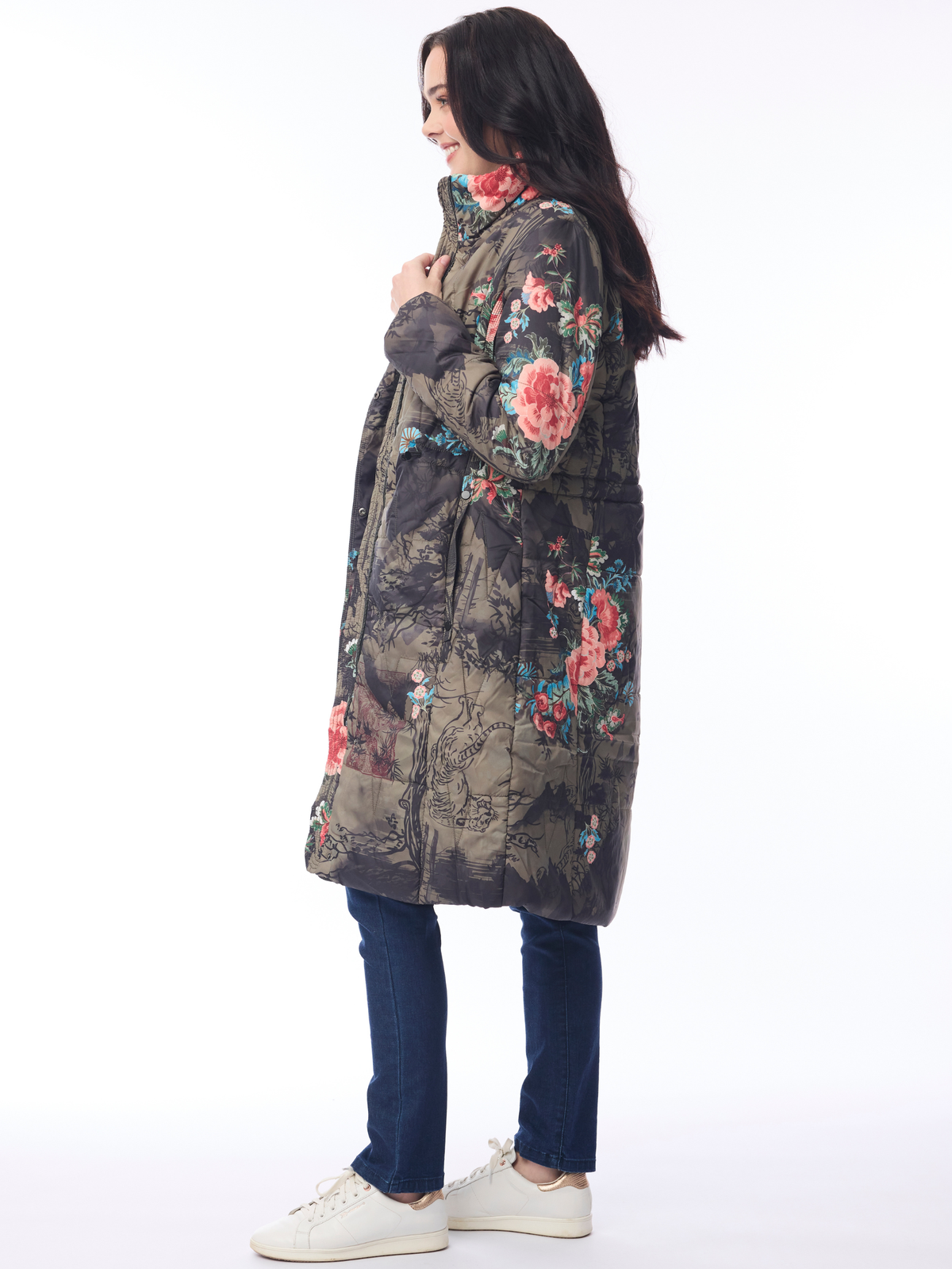 Orientique 82239 Puffer Coat with hood, zip front, side pockets, longline shape and statement print